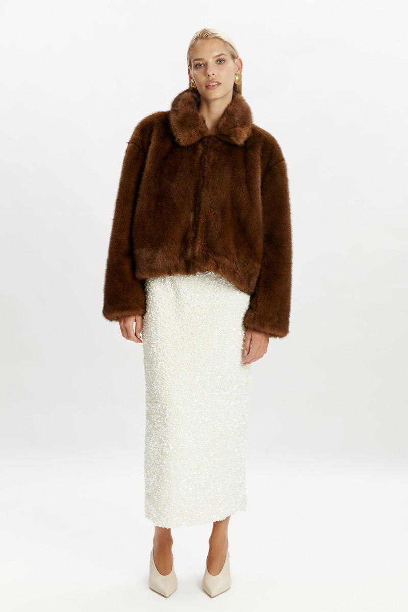 BARDOT Sylvie Zip Faux Fur Jacket In Chocolate outlook