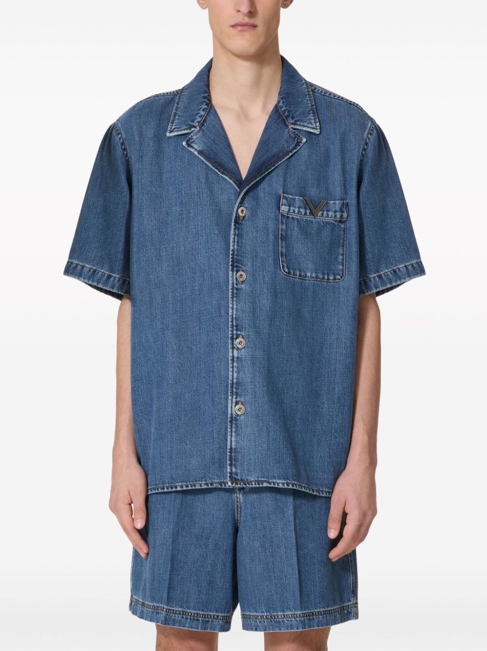 V-detail denim bowling shirt - 3