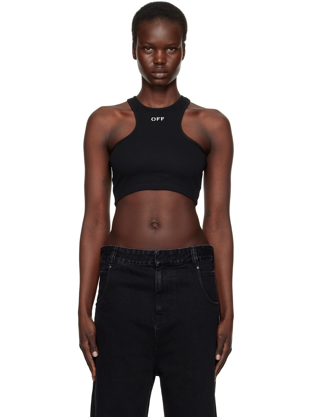 Black 'Off' Stamp Ribbed Rowing Tank Top - 1