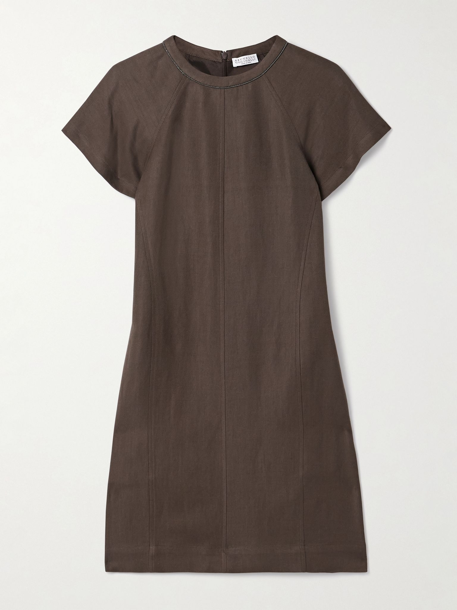 Bead-embellished twill mini dress Dark brown - 1
