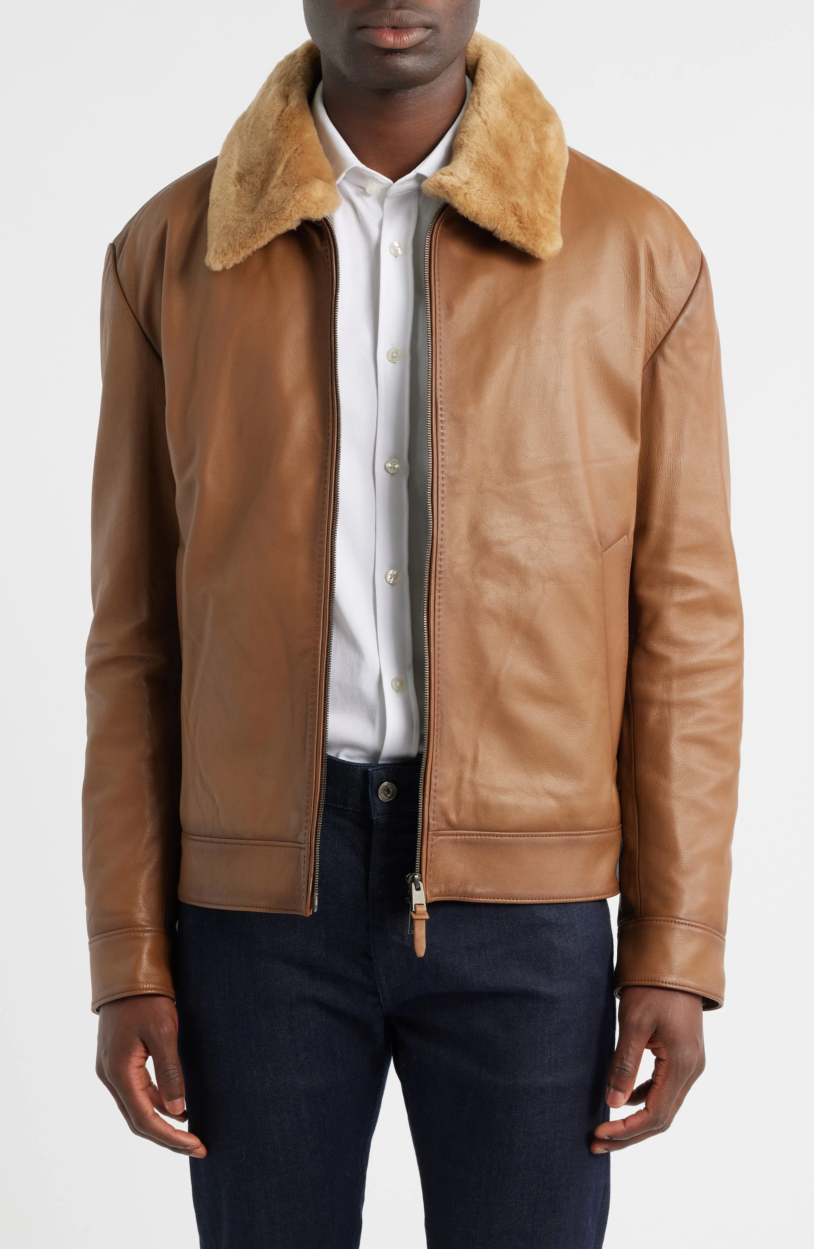 BOSS Mury Down Fill Leather Jacket with Removable Genuine Shearling Collar in Medium Brown at Nordst - 1