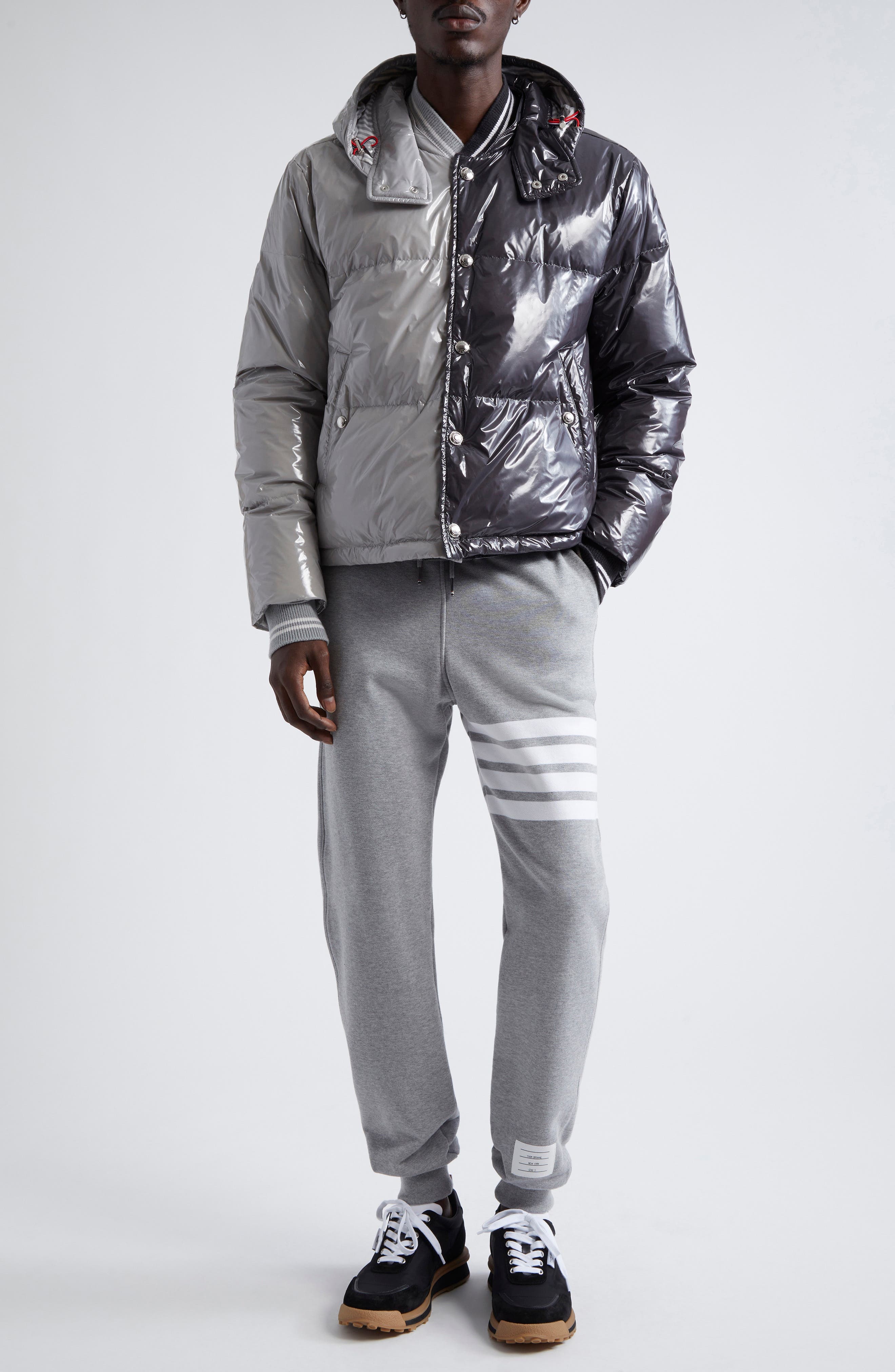 Thom Browne Colorblock Down Puffer Jacket with Removable Hood in Light Grey at Nordstrom - 2