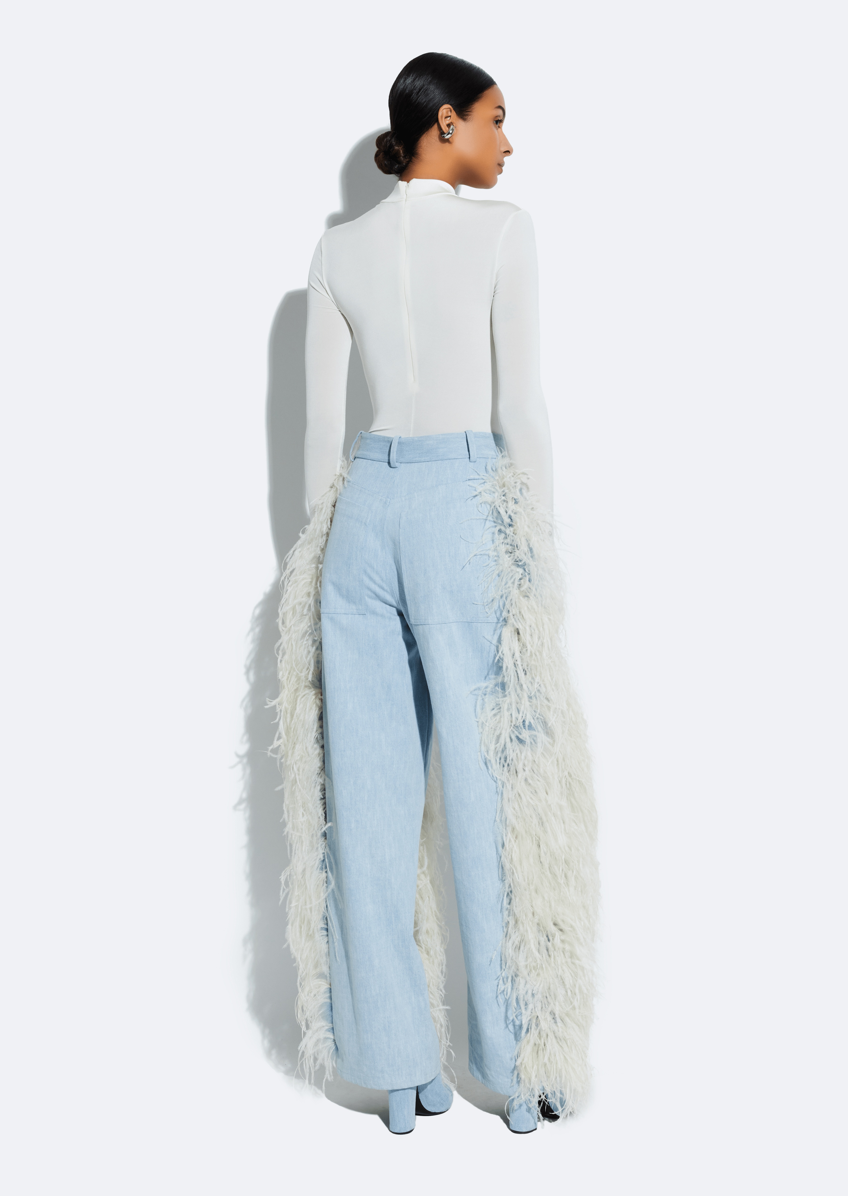 Washed Denim Straight Leg Pant With Feathers - 4
