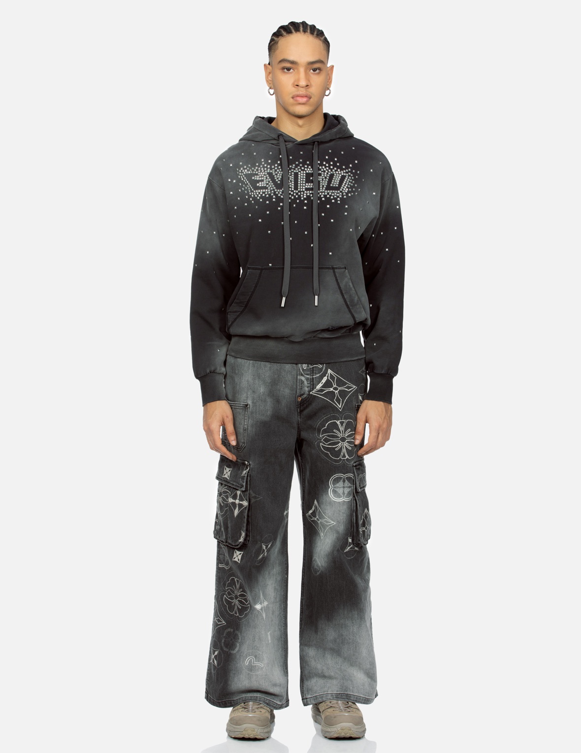 TIE-DYE KAMON AND SEAGULL PRINT FASHION FIT CARGO JEANS - 5
