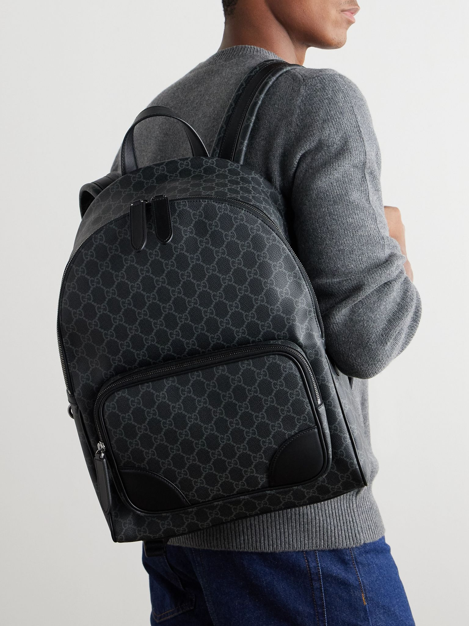 GG Leather-Trimmed Monogrammed Coated-Canvas Backpack Black - 2
