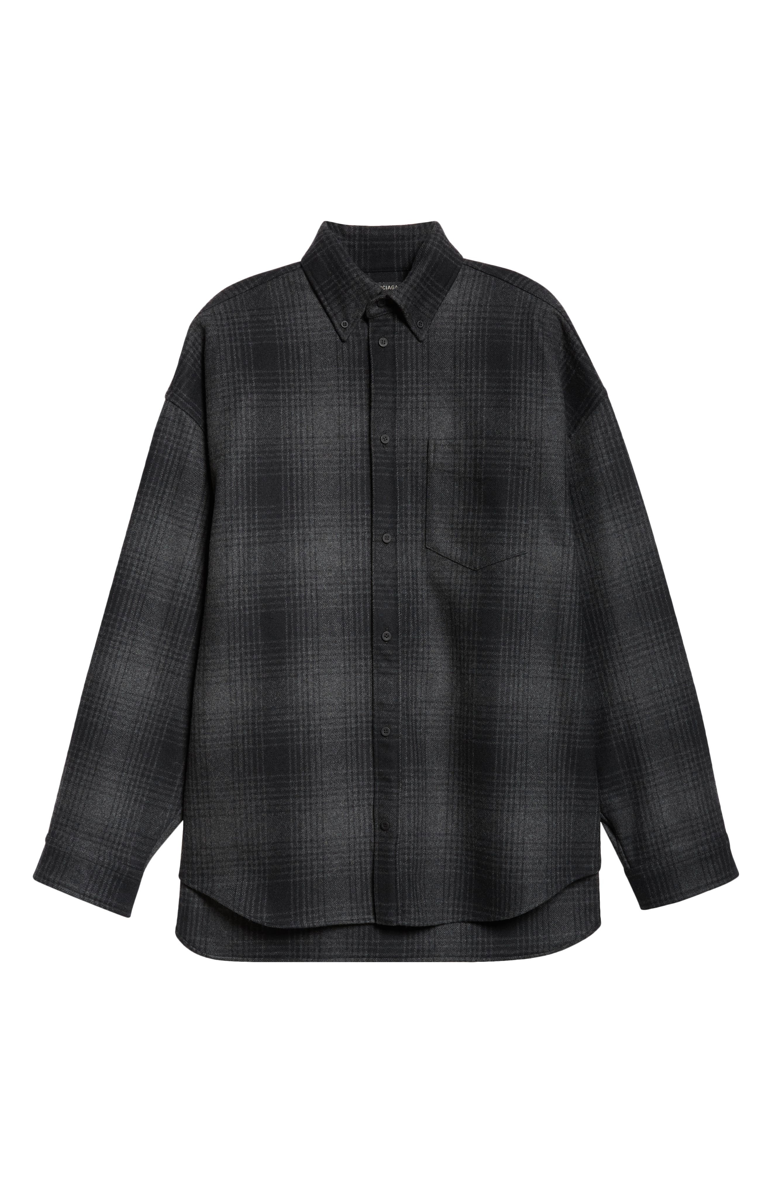 Balenciaga Oversize Plaid Wool Blend Flannel Button-Down Shirt in 1262 Grey/Black at Nordstrom - 6