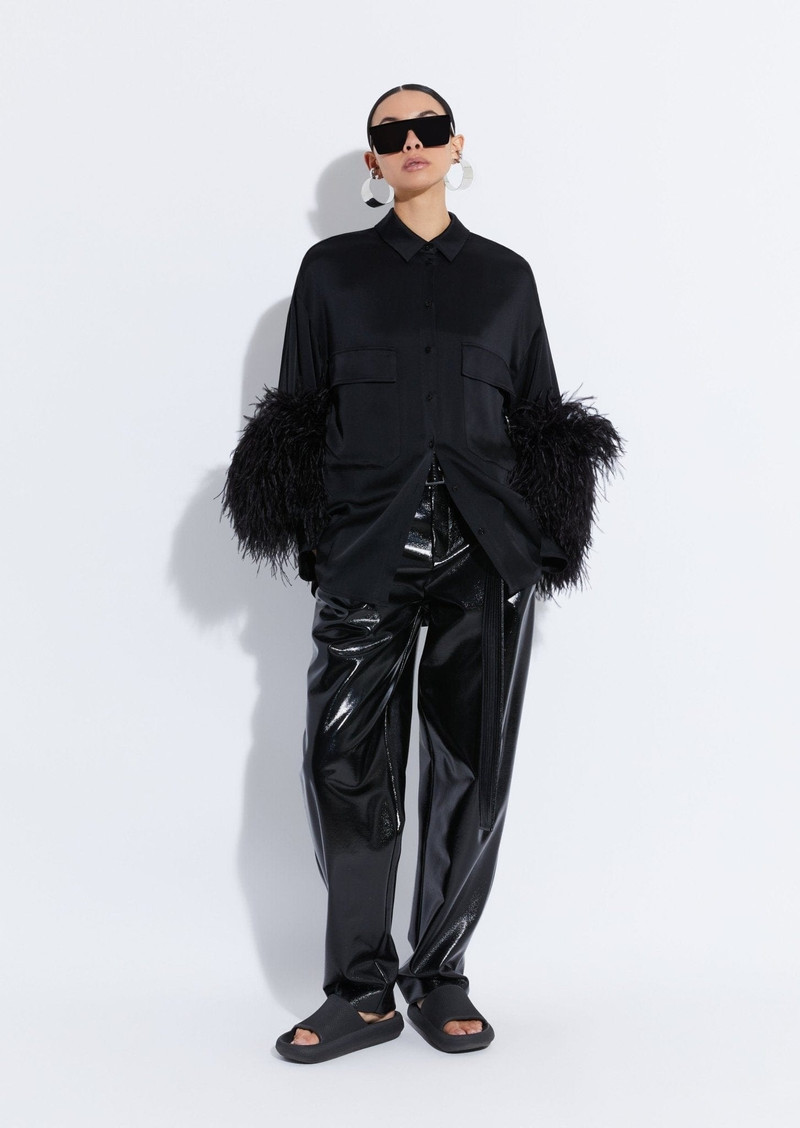 LAPOINTE Satin Button Down With Feathers outlook