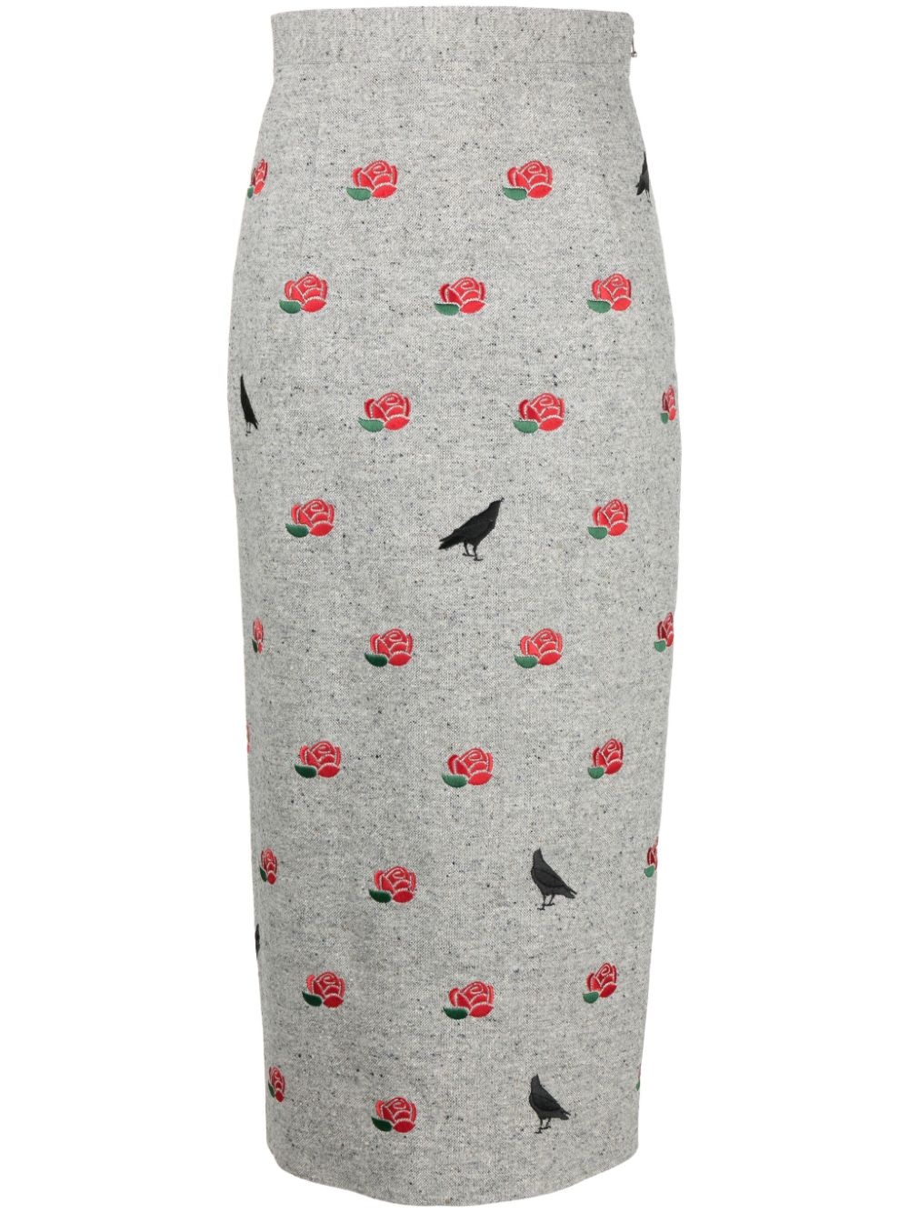 rose-embroidered wool pencil skirt - 1