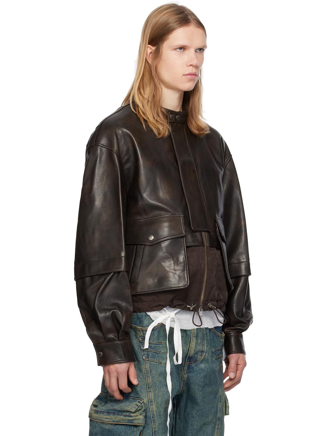 Brown Quilted Bomber Leather Jacket - 2