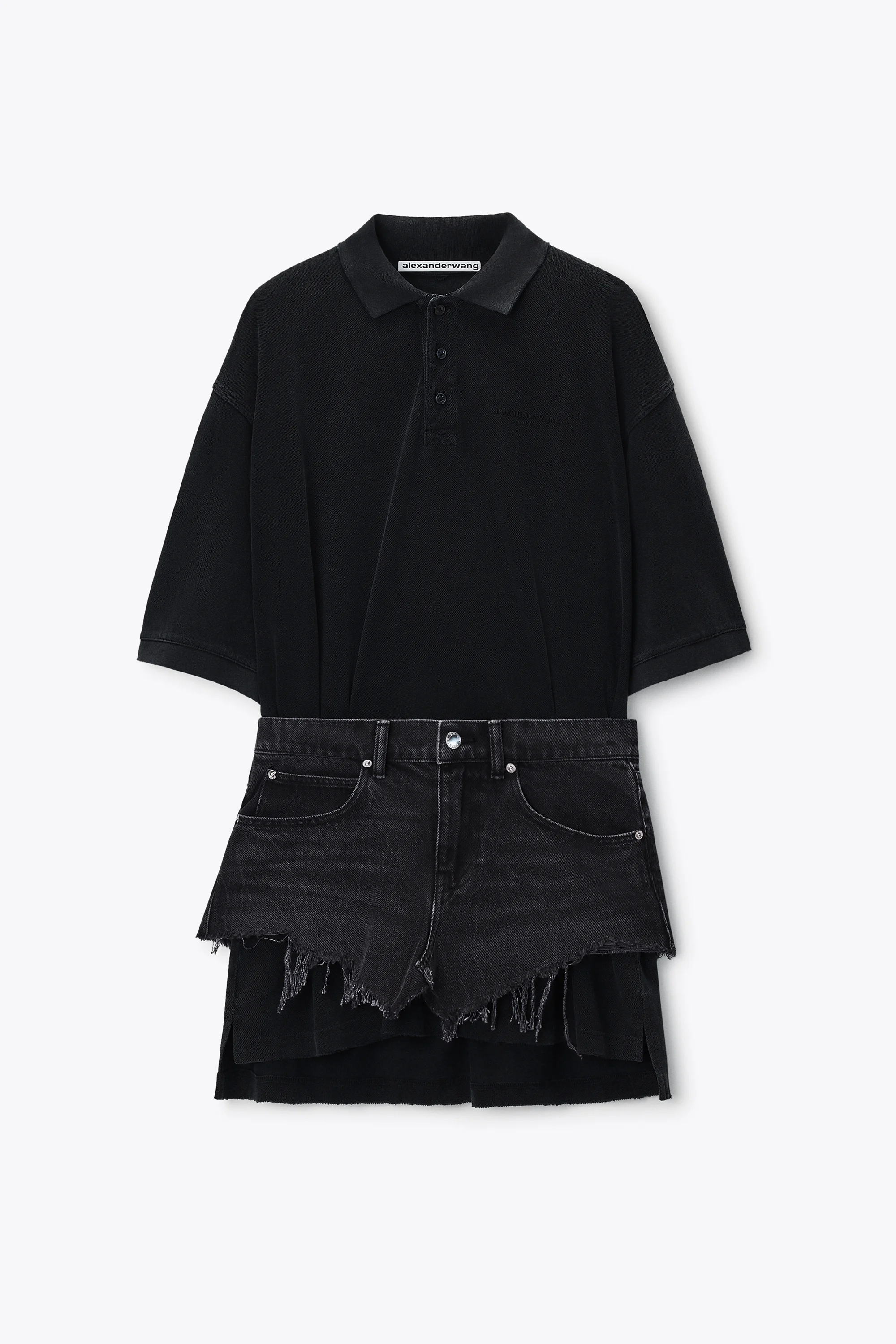 Layered Polo Mini Dress with Reconstructed Denim Skirt - 1