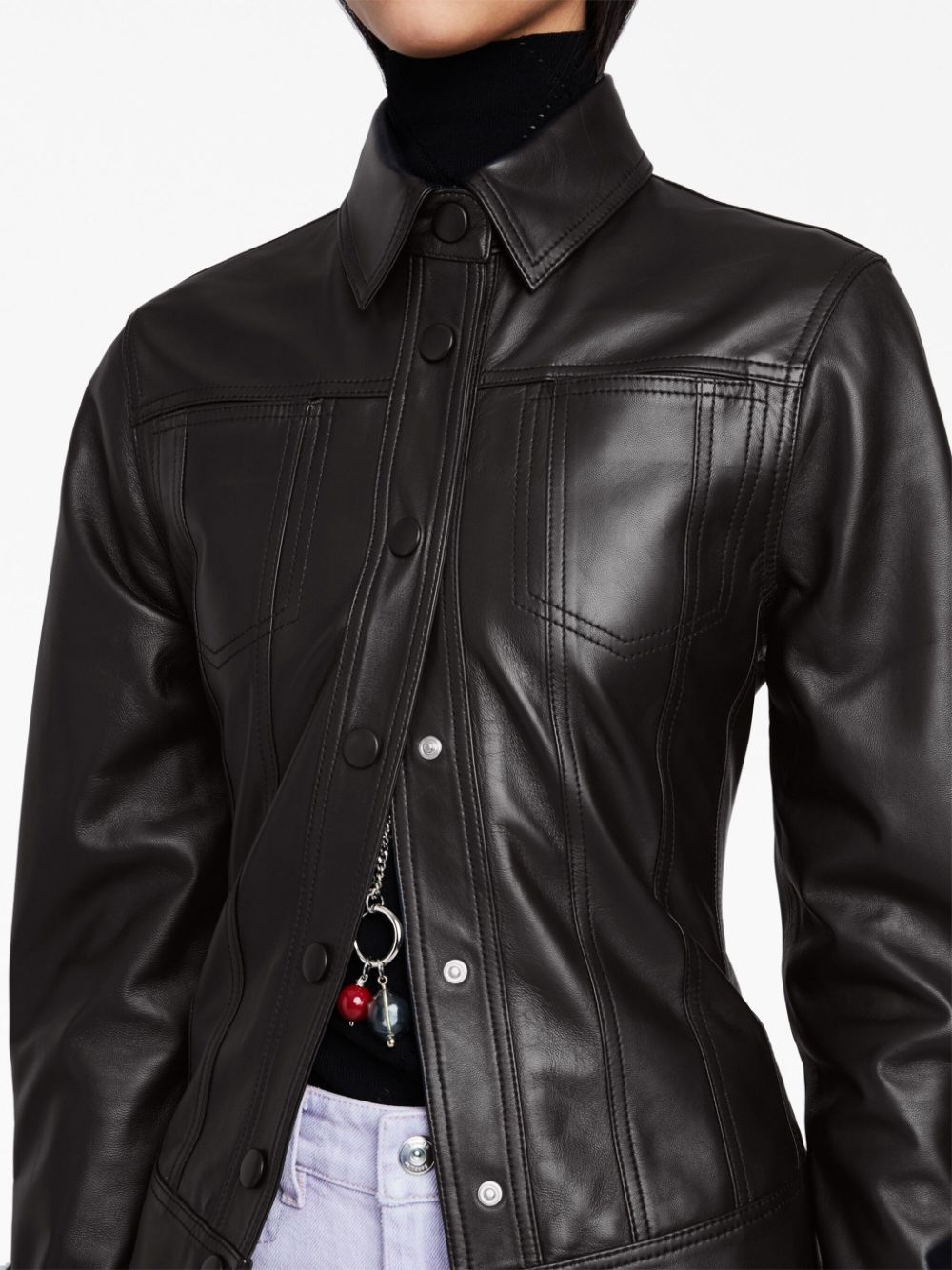 leather classic-collar fitted jacket - 6