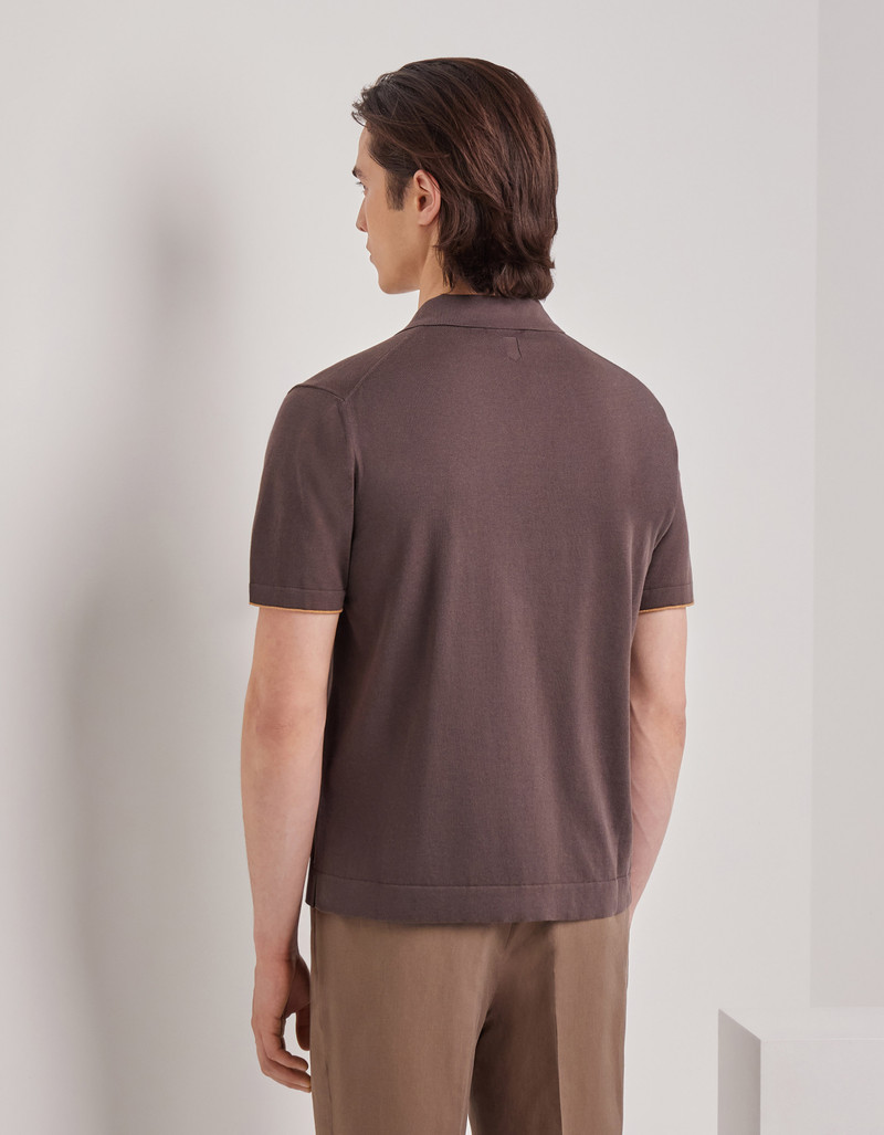 BROWN COTTON AND SILK POLO SHIRT WITH CONTRASTING PIPING 4