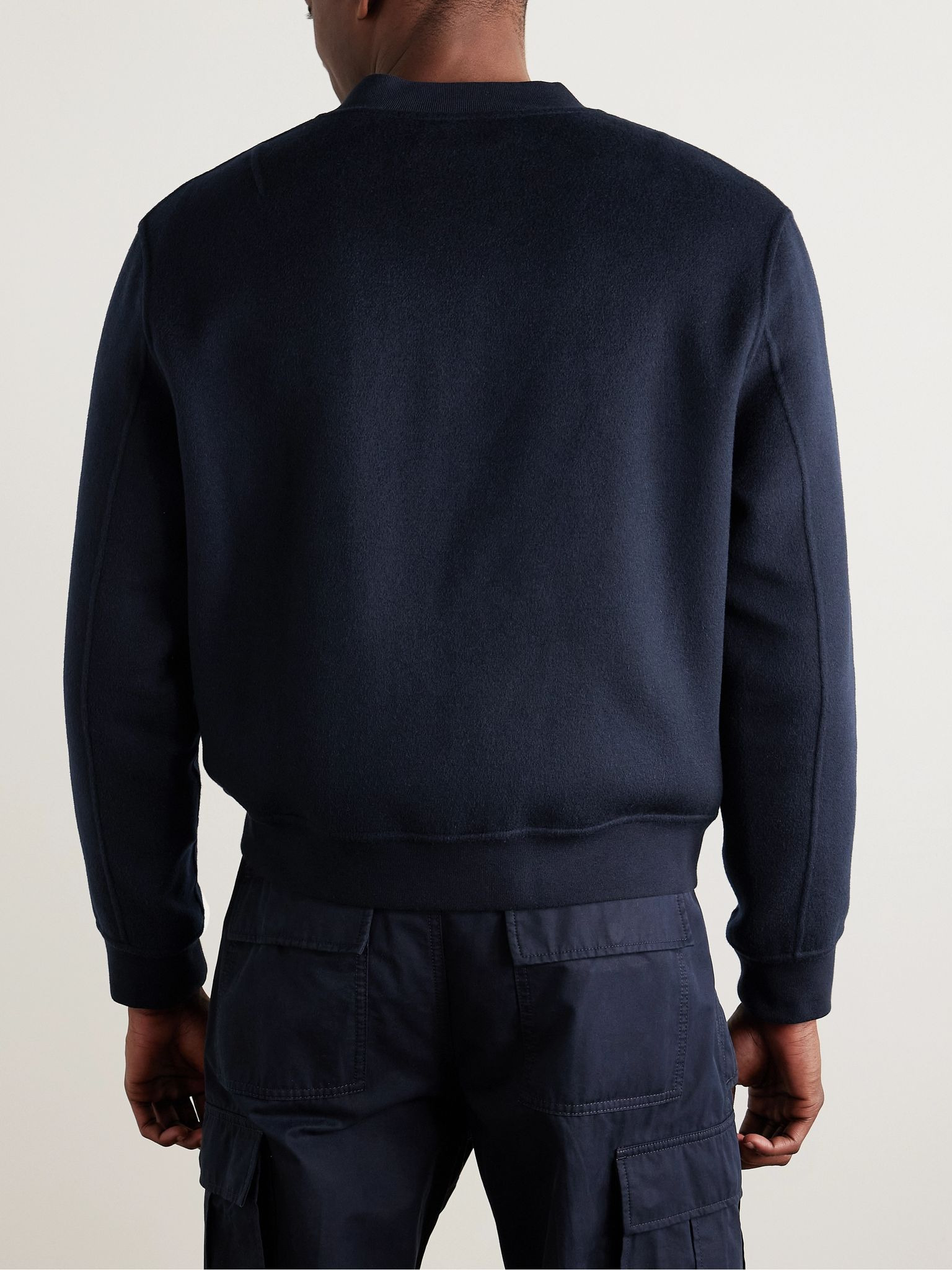 Leather-Trimmed Wool and Cashmere-Blend Felt Bomber Jacket Navy - 3