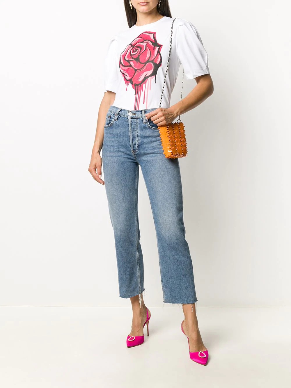 rose print puff sleeve T-shirt - 2