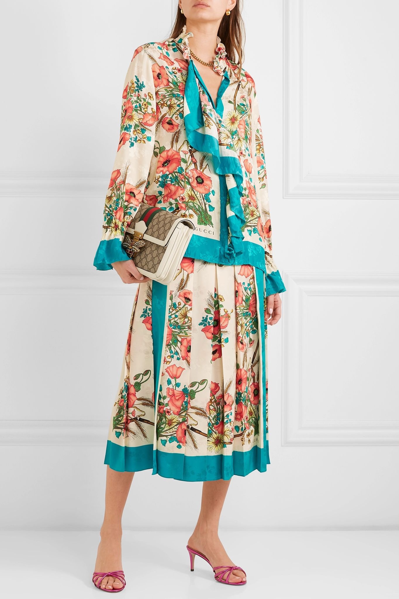 Ruffled floral-print silk-jacquard blouse - 6