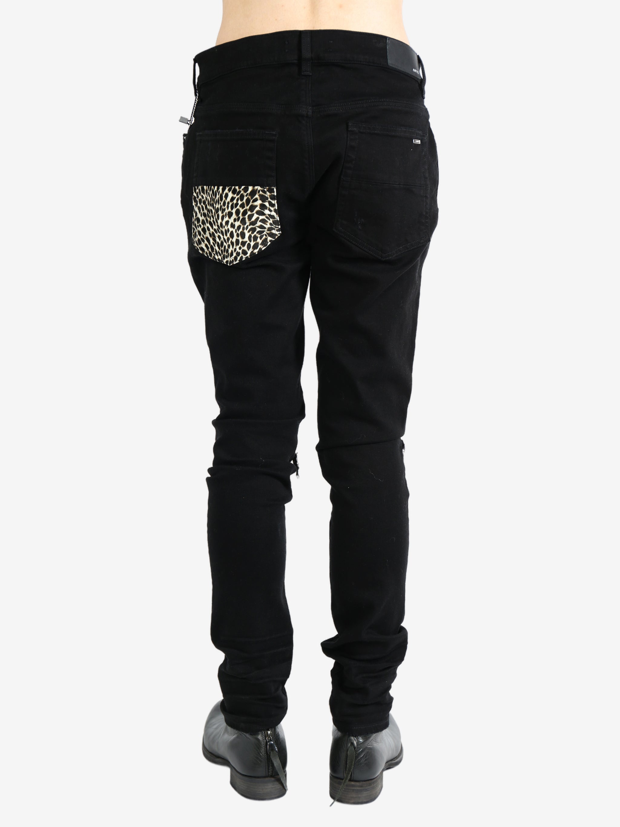 AMIRI MX1 Mid Rise Skinny Jeans Black/Leopard Print Men's - US
