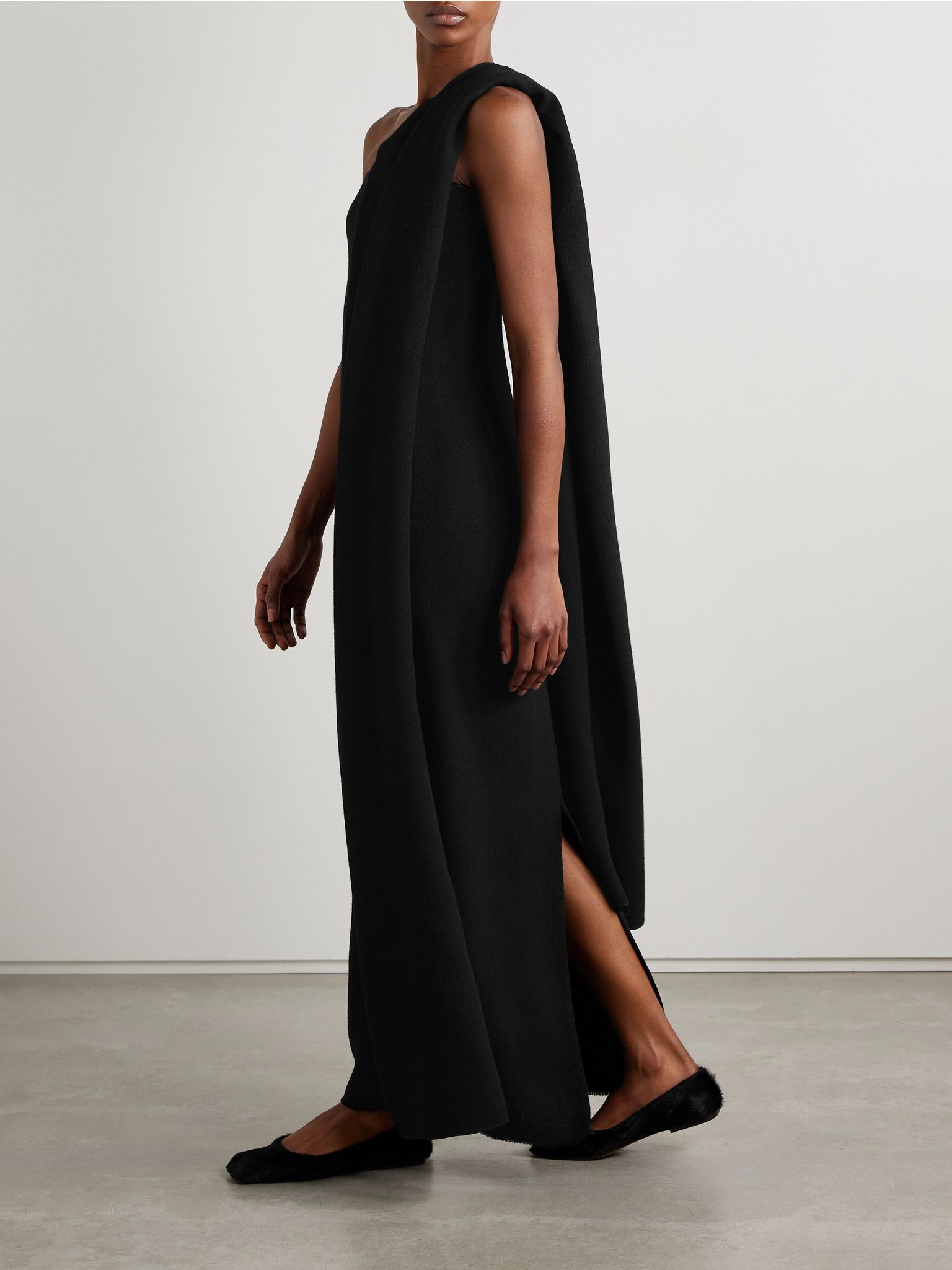 Fanny one-shoulder draped wool-tweed maxi dress Black - 2