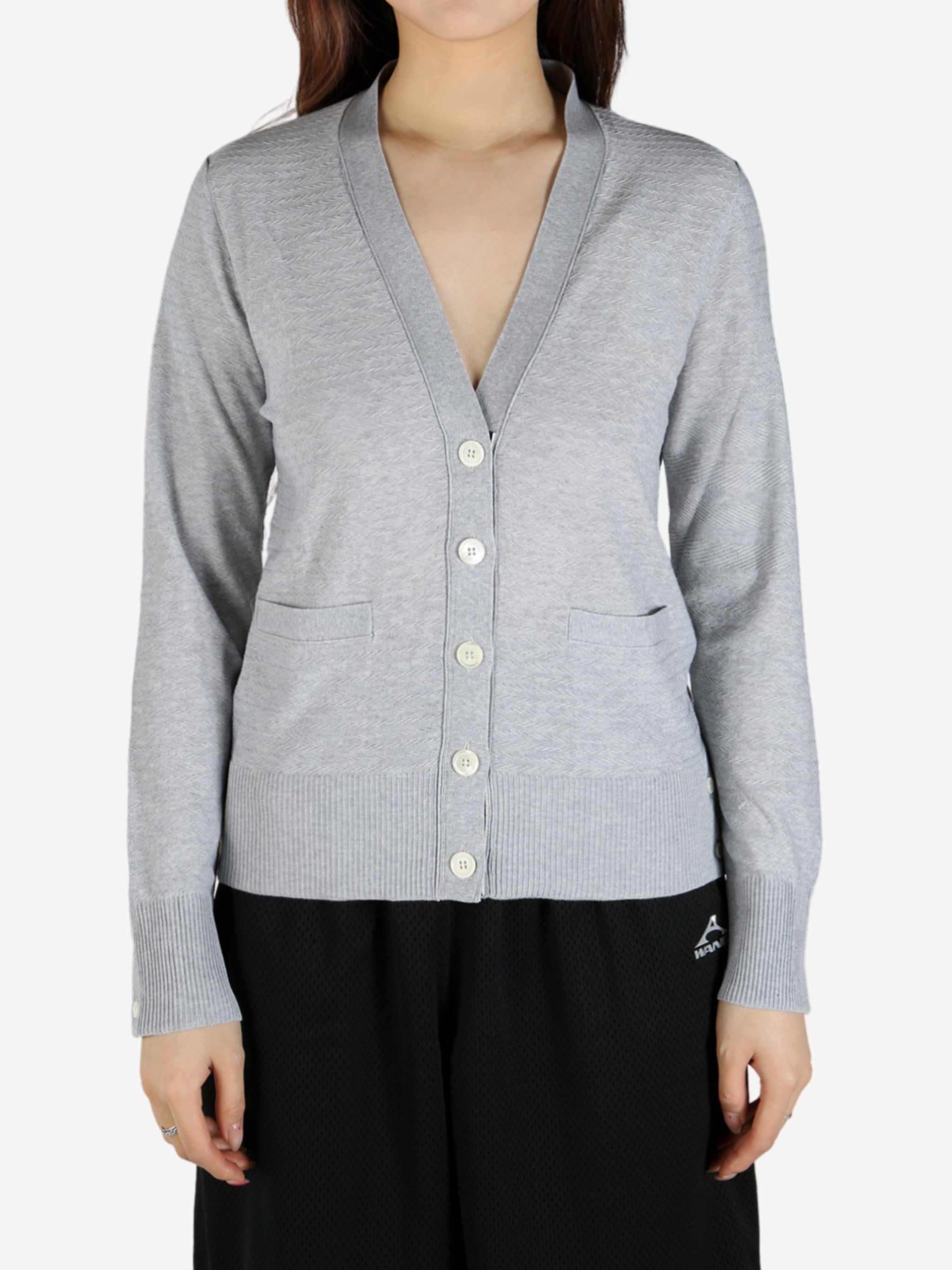 THOM BROWNE - Women Floated Cable Stitch  W/Knit In 4 Bar Stripe V Neck Cardigan - 1