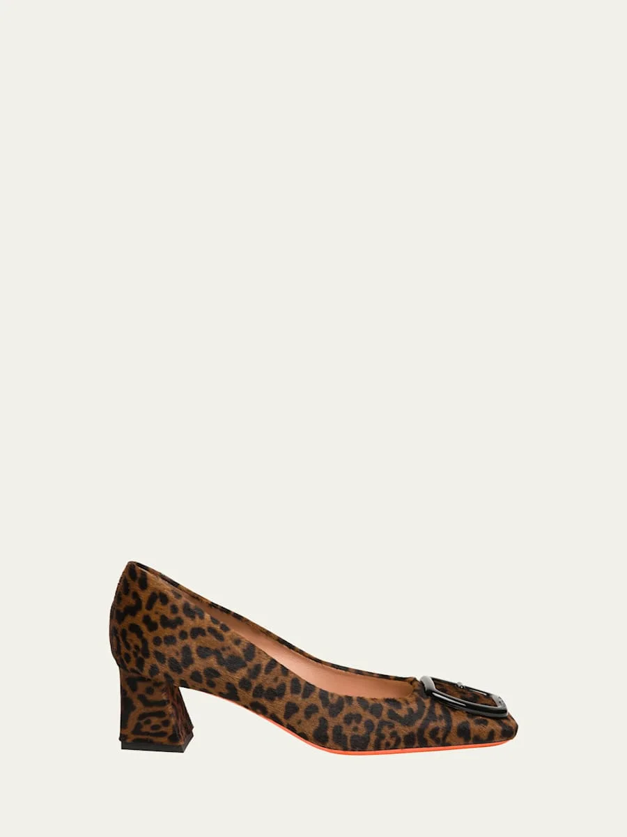 Leopard Block Heel Buckle Pumps - 1