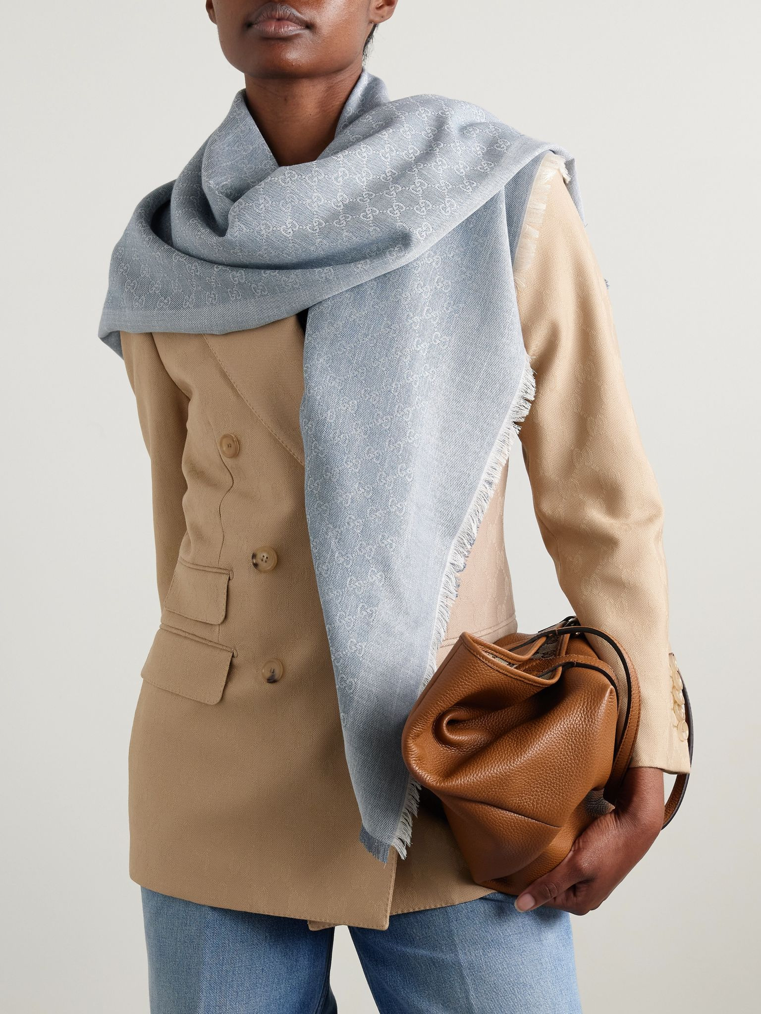 Frayed cotton, wool and silk-blend jacquard scarf Blue - 2
