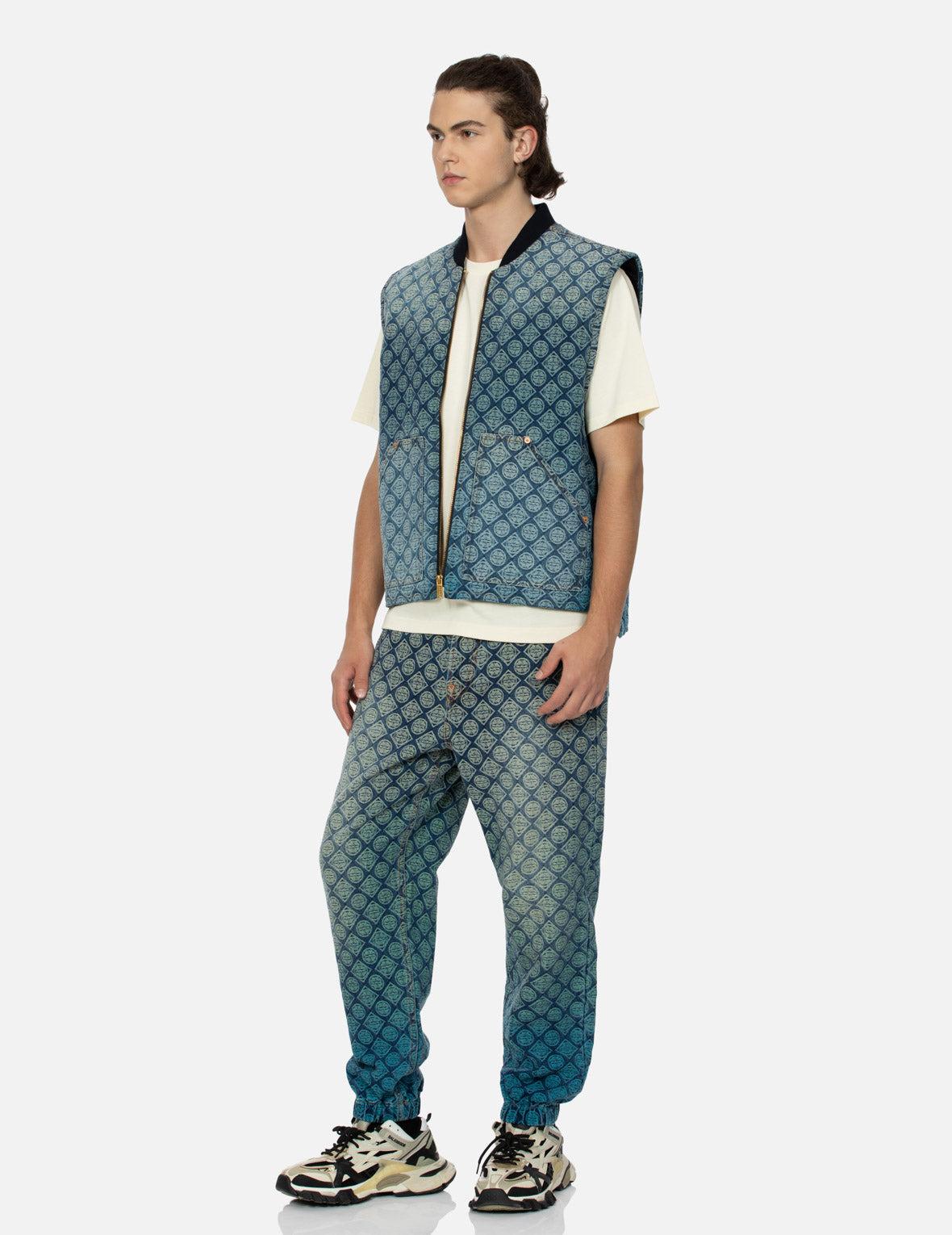 WASHED KAMON JACQUARD RELAX FIT DENIM PADDED VEST - 3