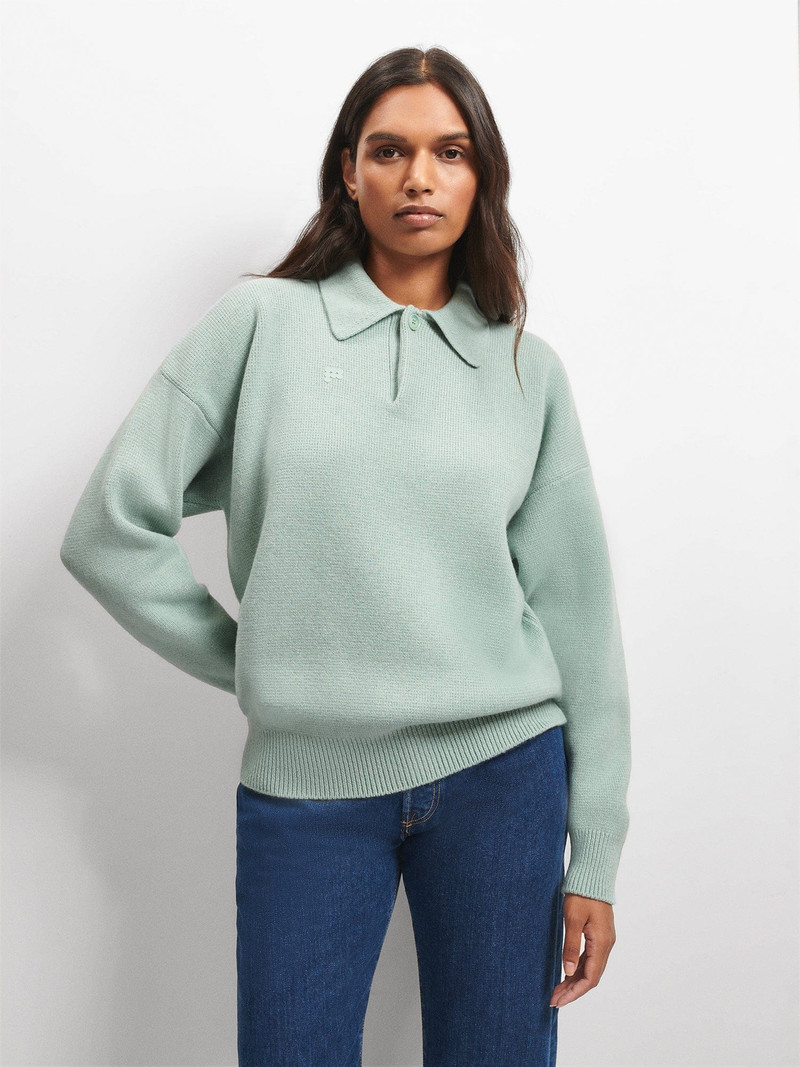 Womens Recycled Cashmere Polo Sweater - Eucalyptus Blue 1