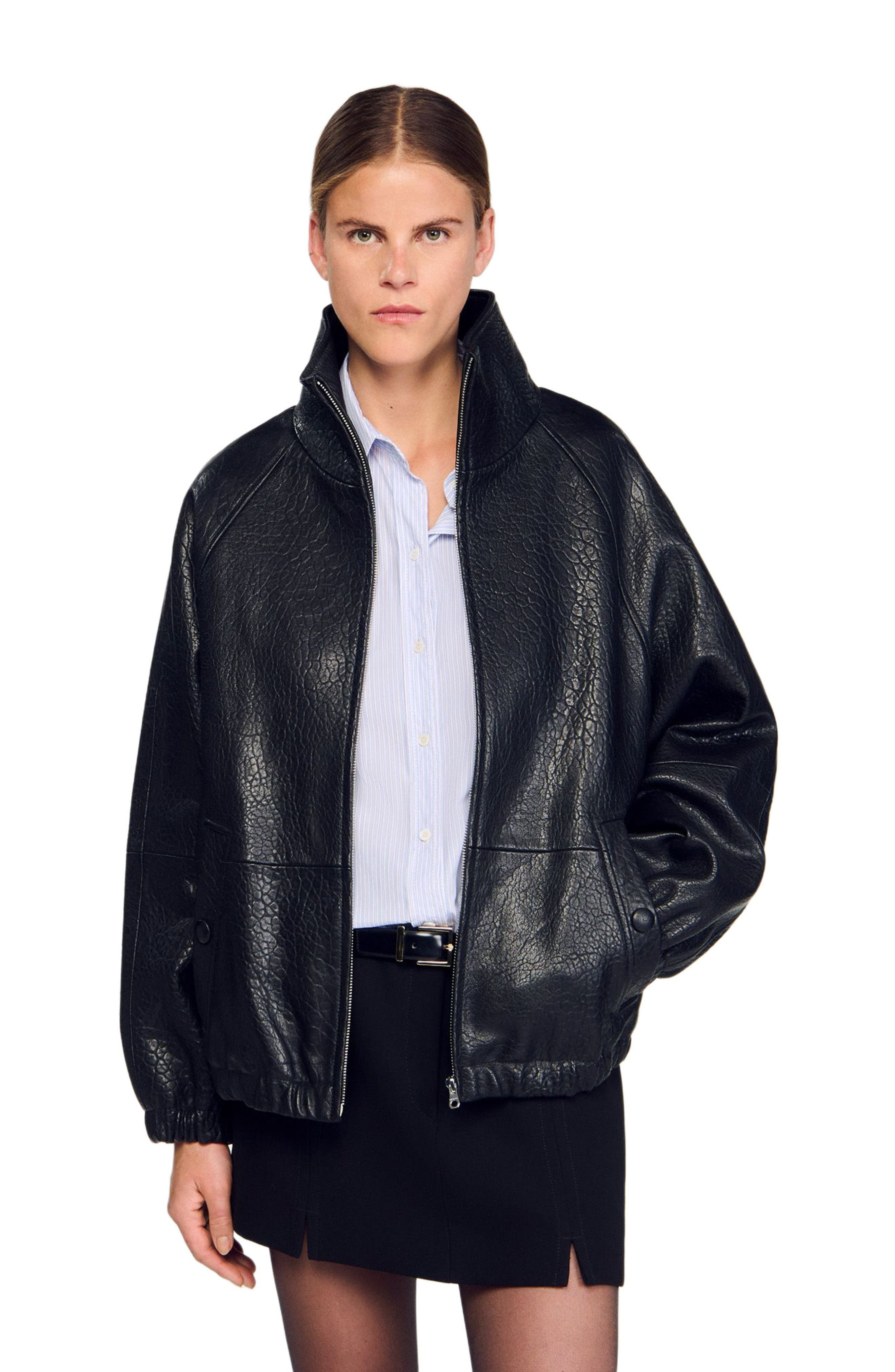 SANDRO Oversized leather jacket in Black at Nordstrom - 4