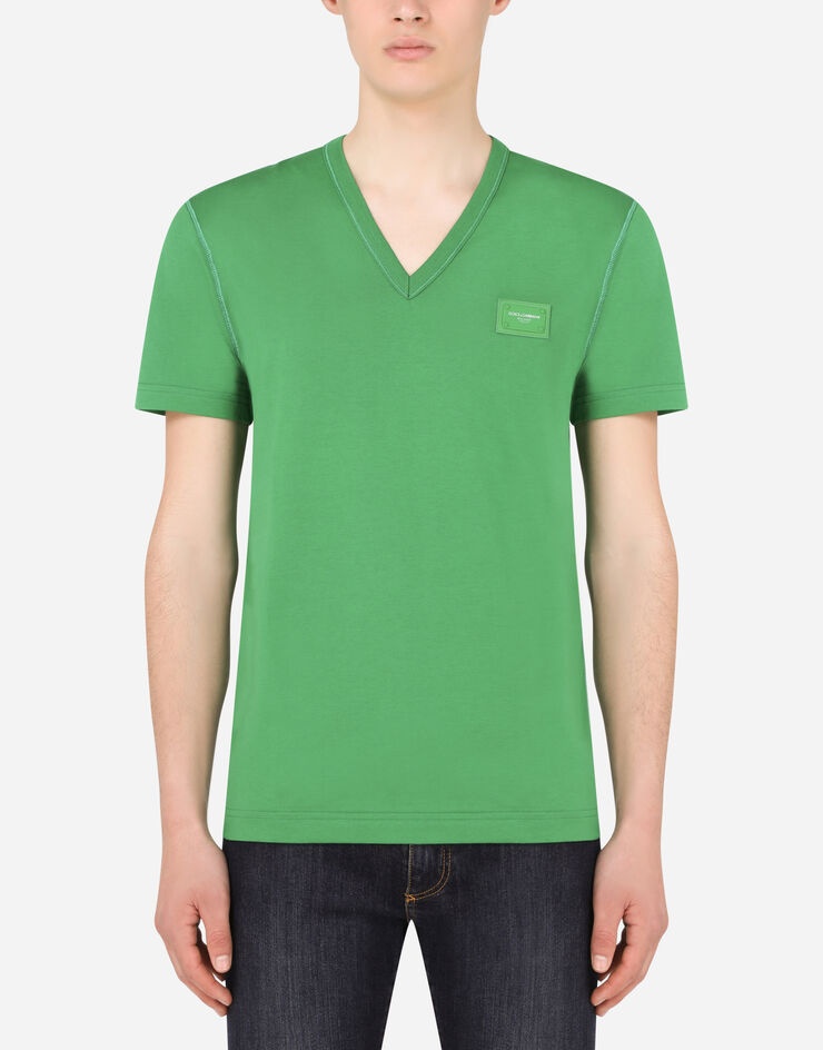 Cotton V-neck T-shirt with branded plate - 1