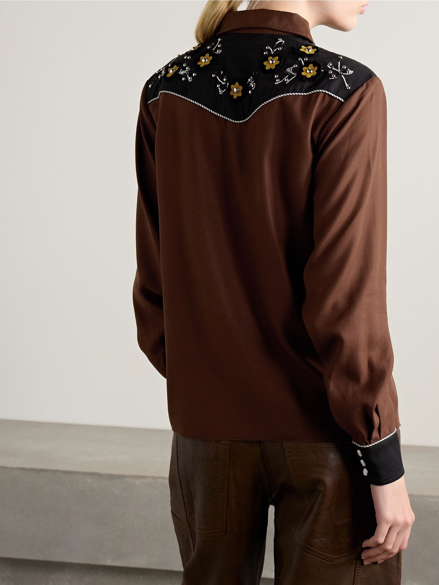 Abilene studded appliquéd paneled twill shirt Chocolate - 4