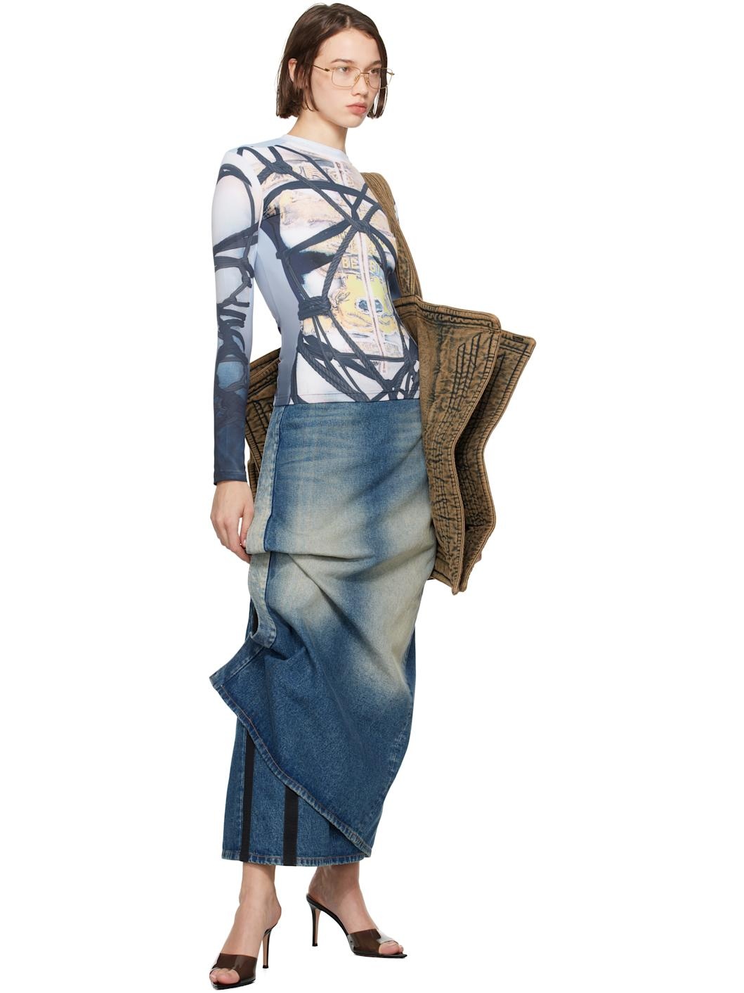 Blue Bondage Print Long Sleeve Fitted T-shirt - 4