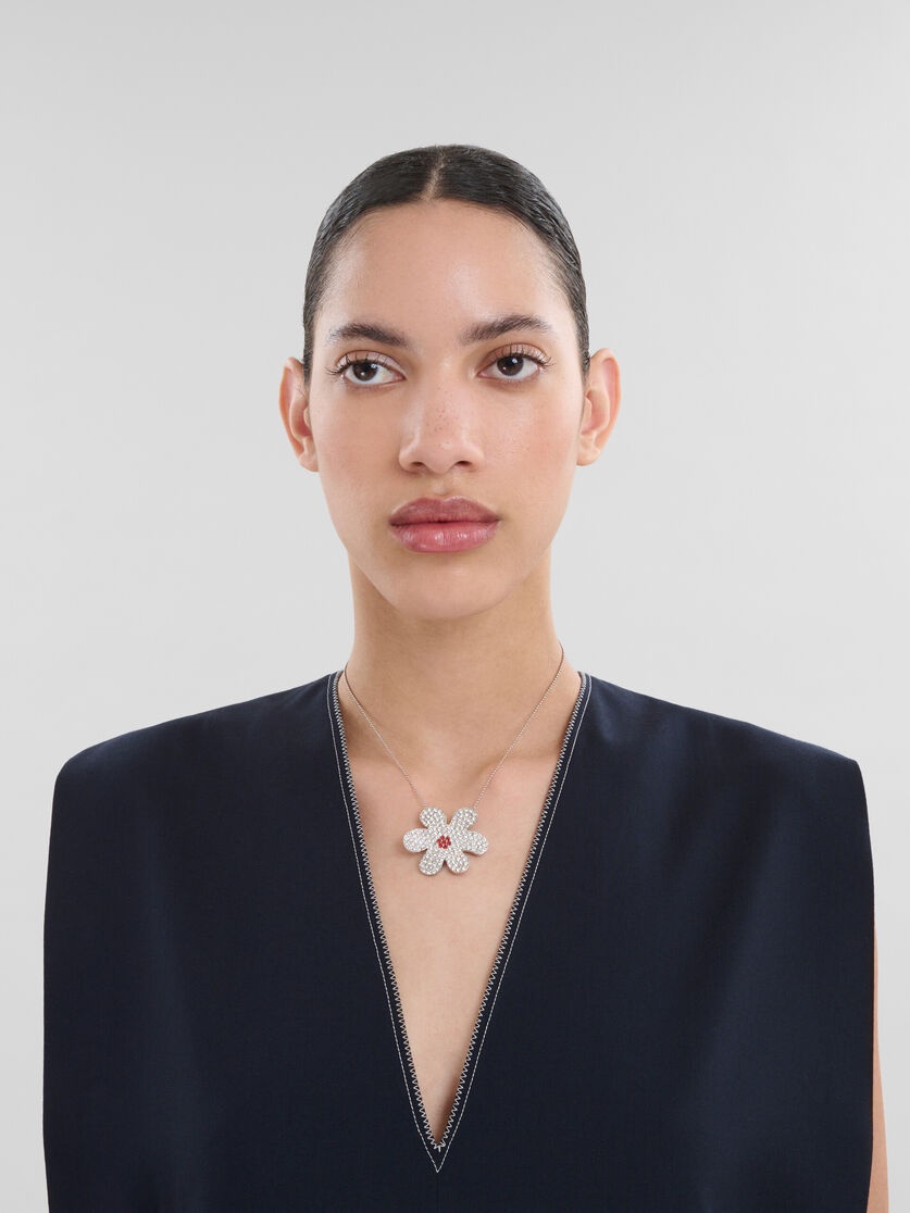 PALLADIUM BALL CHAIN NECKLACE WITH DAISY PENDANT - 2