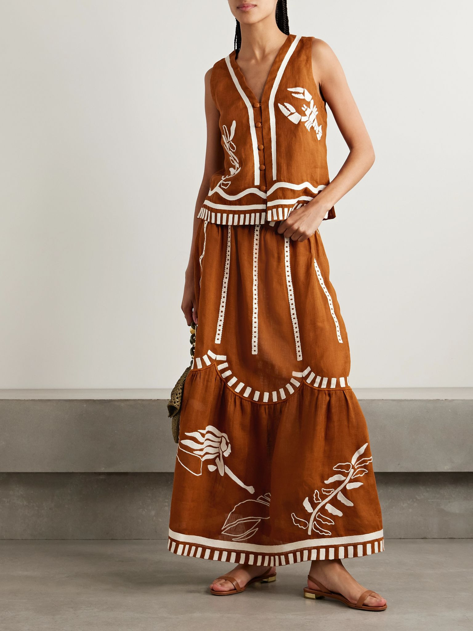 Mermaid Oursin embroidered linen vest Brown - 2