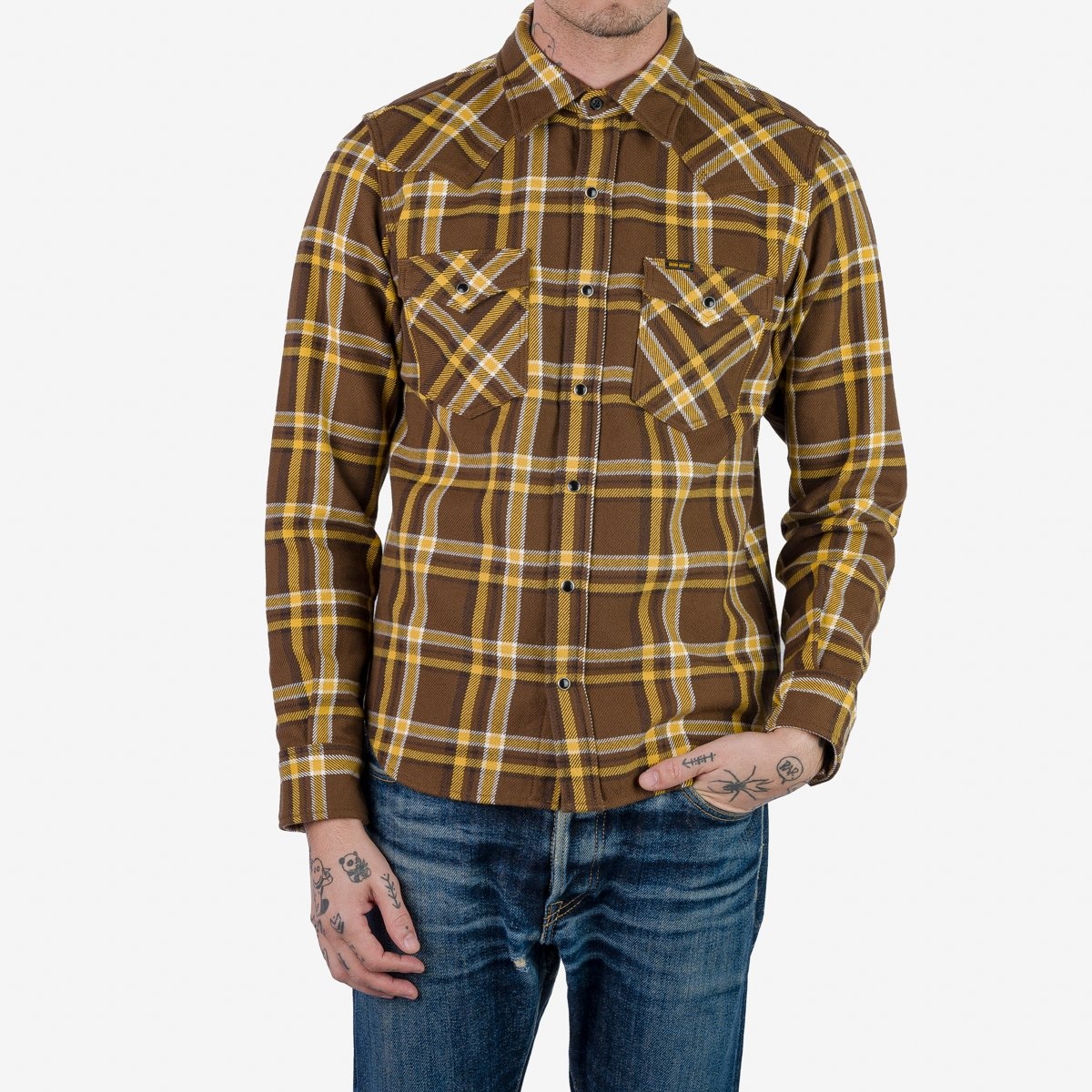 IHSH-372-BRN Ultra Heavy Flannel Crazy Check Western Shirt - Brown - 3