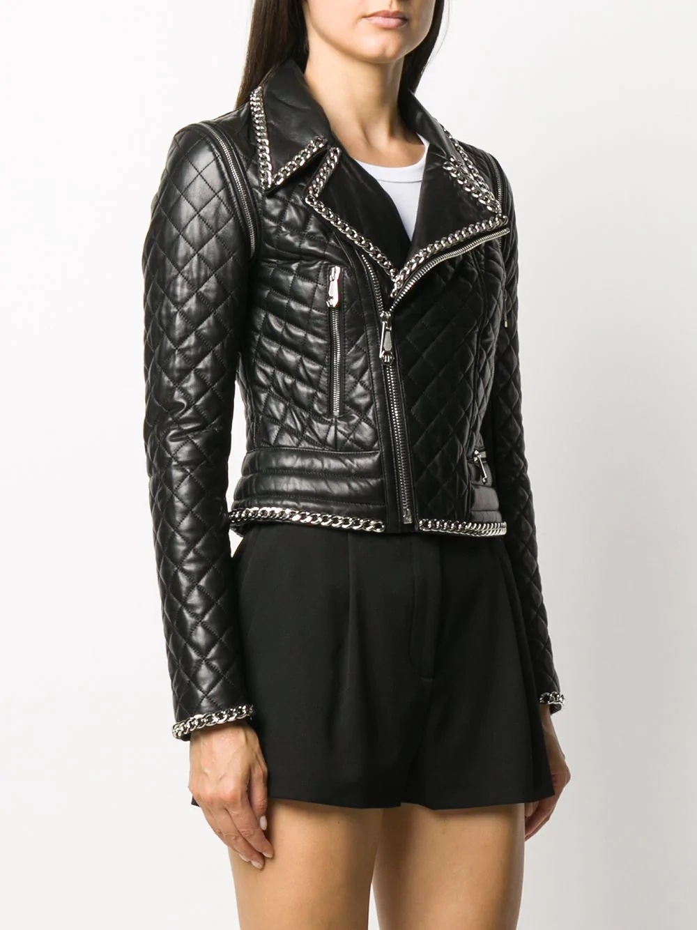 chain-embellished quilted moto jacket - 3