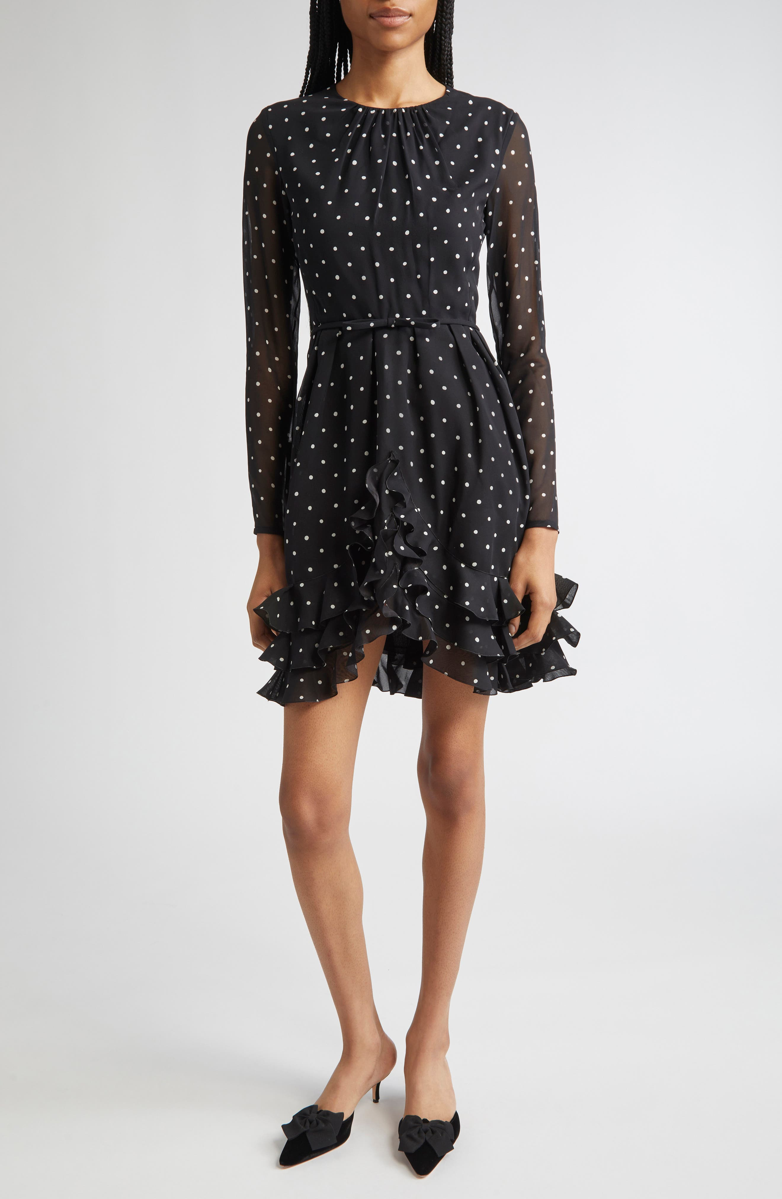 Giambattista Valli Polka Dot Ruffle Hem Long Sleeve Silk Dress in Black at Nordstrom - 1