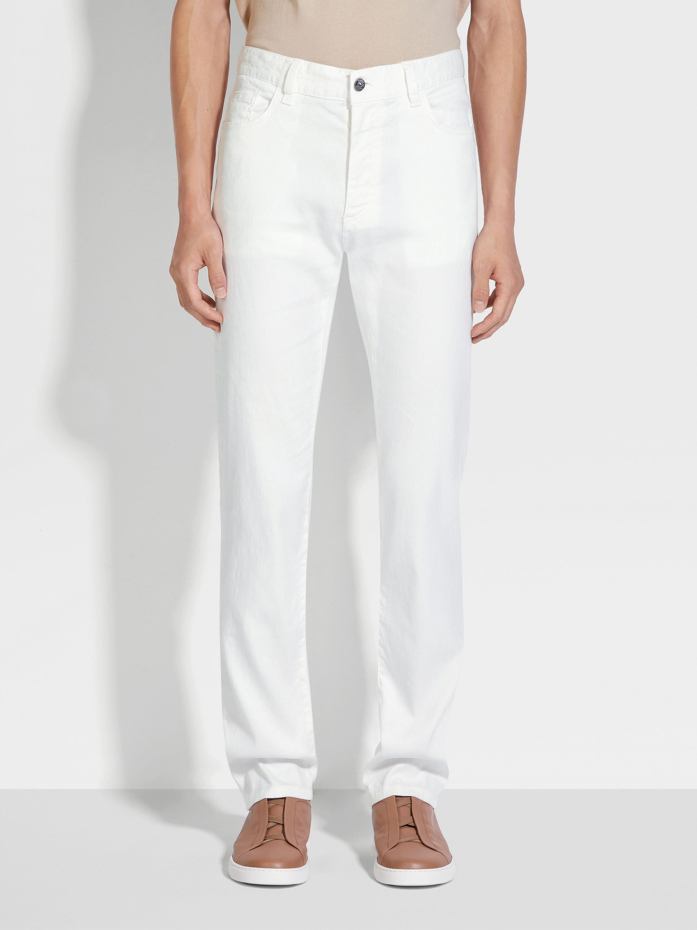 WHITE STRETCH LINEN AND COTTON ROCCIA JEANS - 4