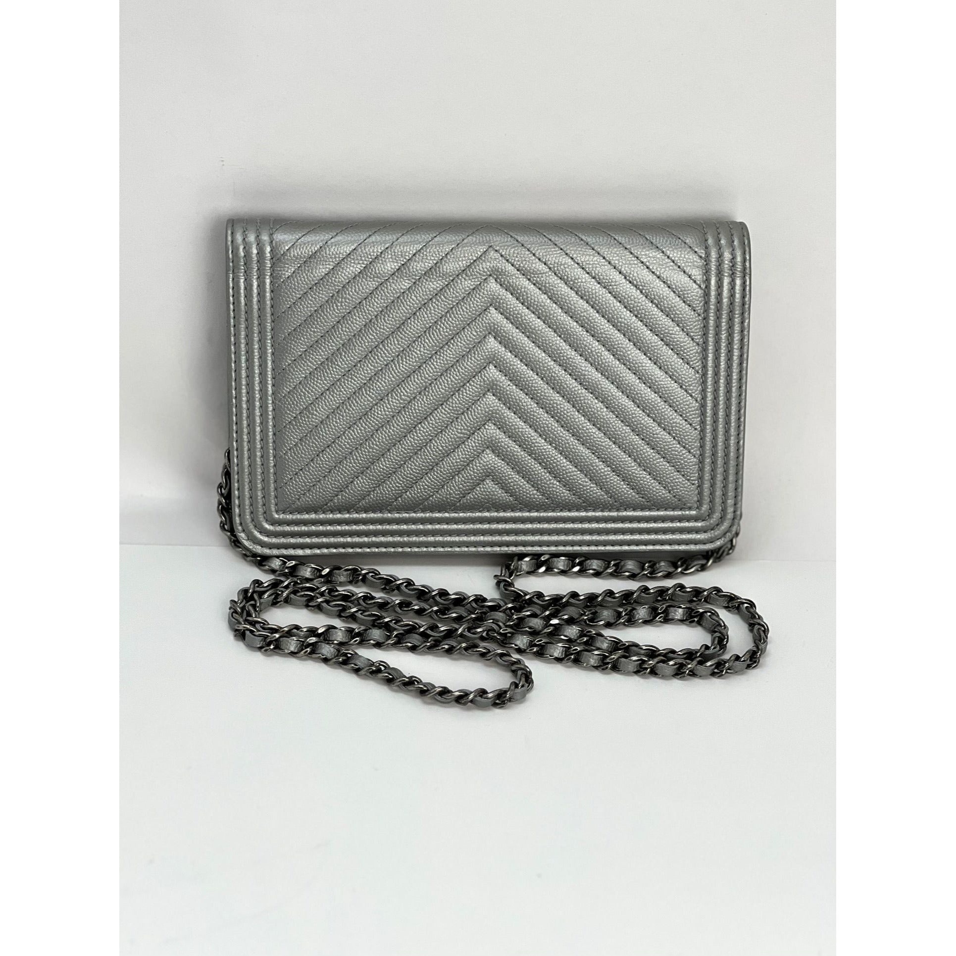 Chanel Silver Caviar Chevron Quilted Boy Wallet on a Chain - 2