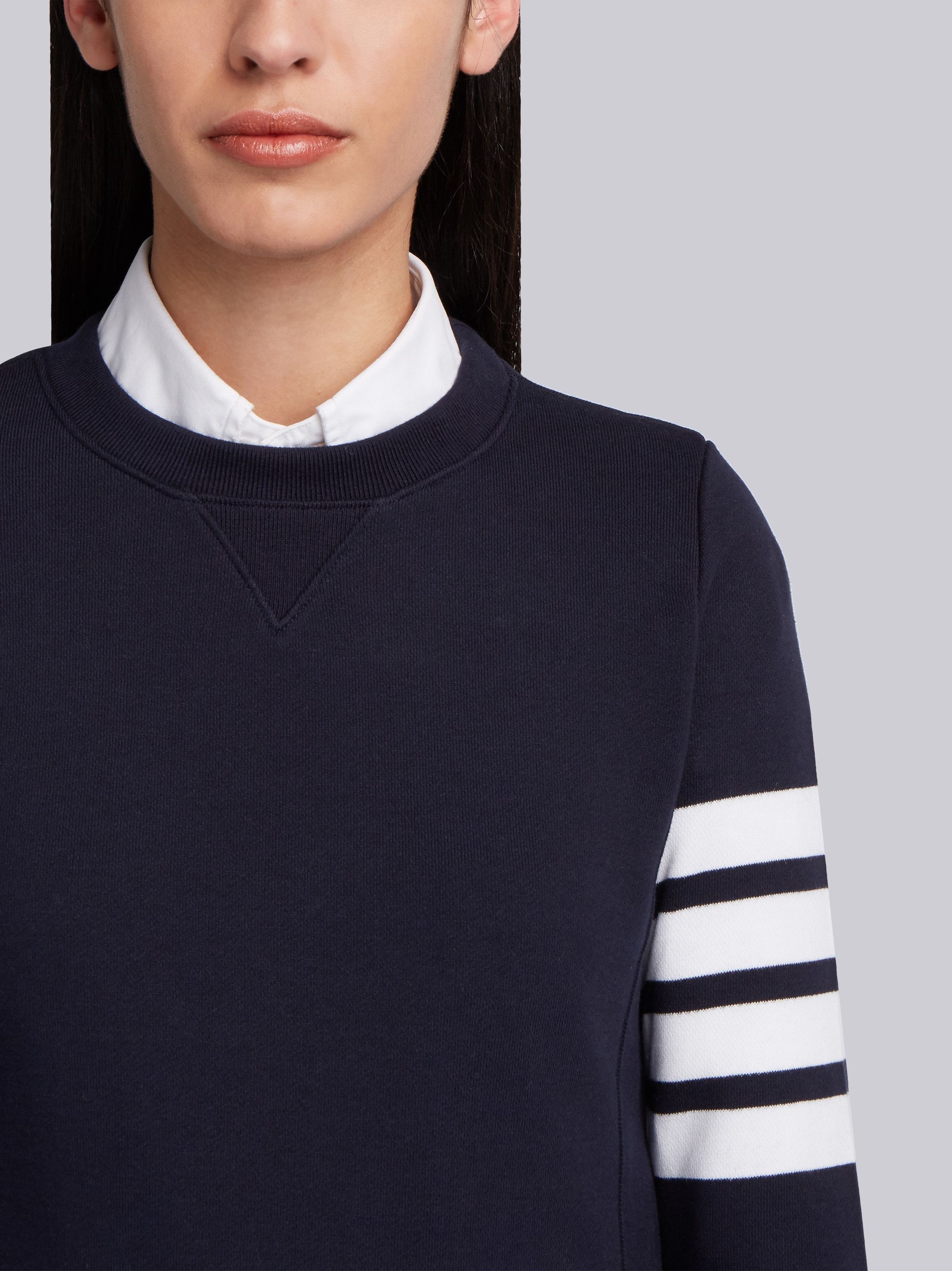 Navy Loopback Jersey Knit Engineered 4-bar Stripe Classic Crew Neck Pullover - 5