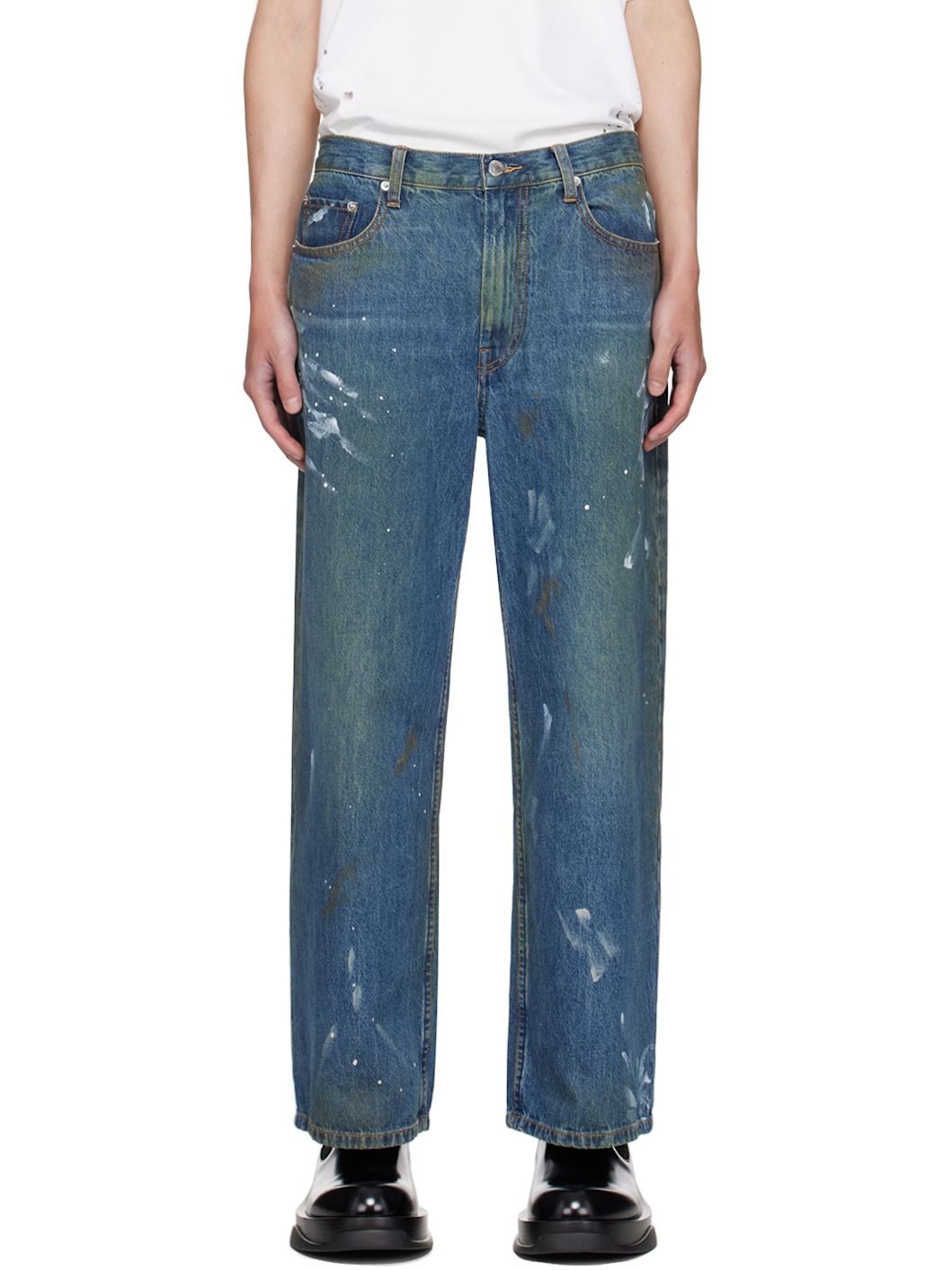 Blue Wide Leg Painted Jeans - 1