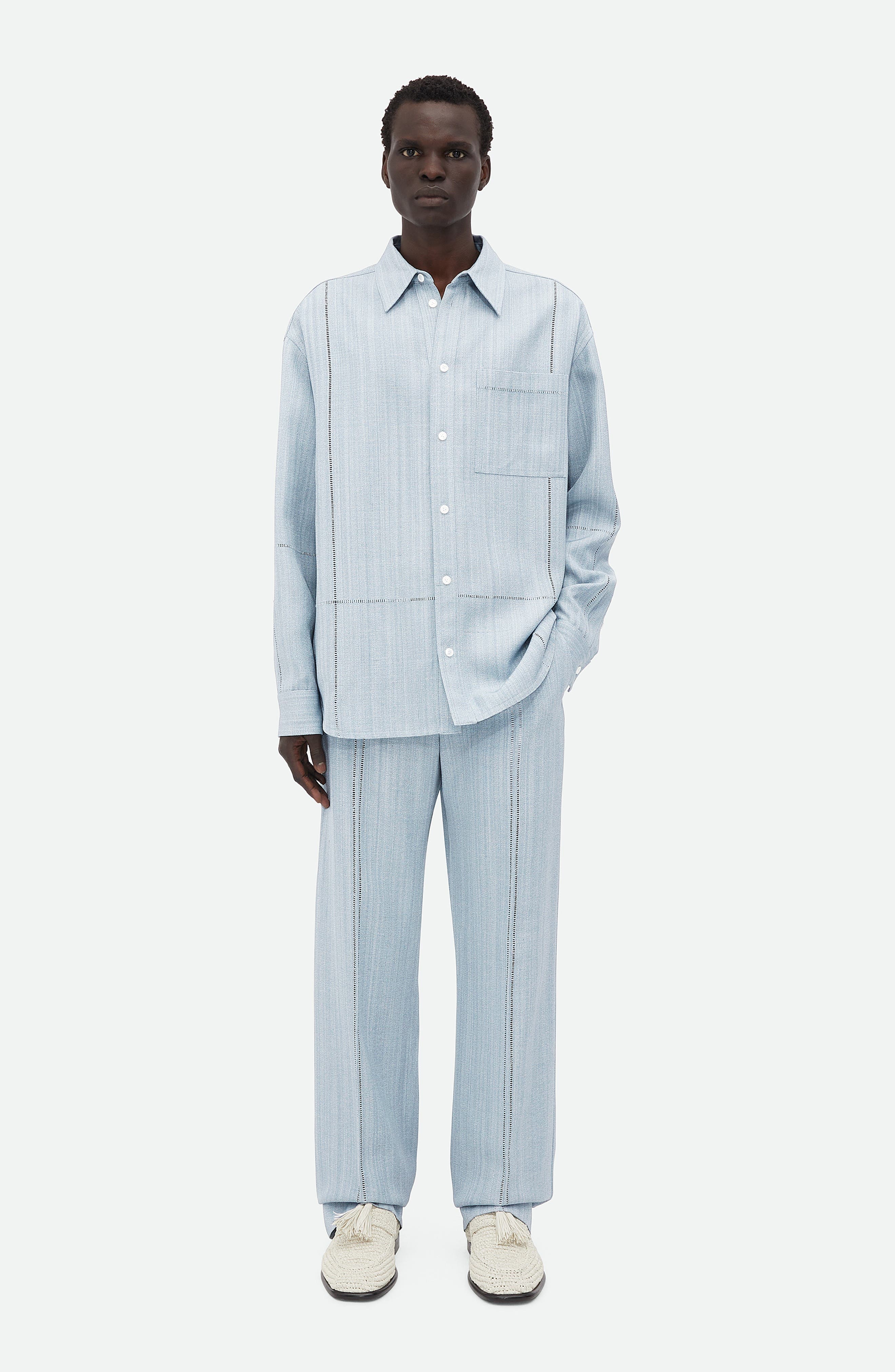 Bottega Veneta Oversize Button-Up Shirt in River/Cloud at Nordstrom - 7