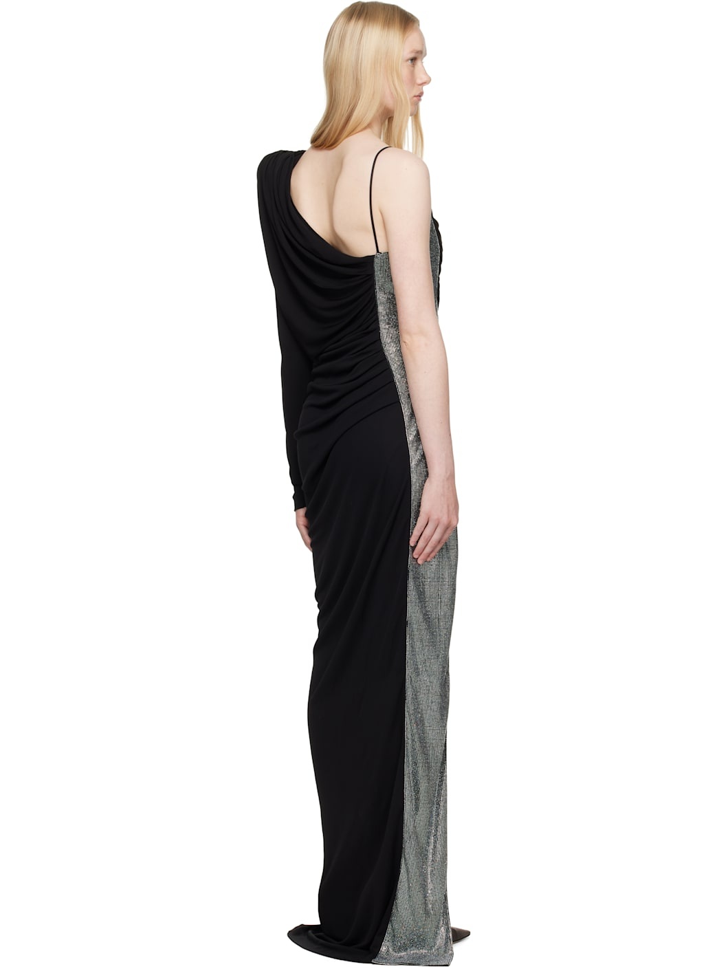 Black Draped Asymmetrical Two-Material Maxi Dress - 3