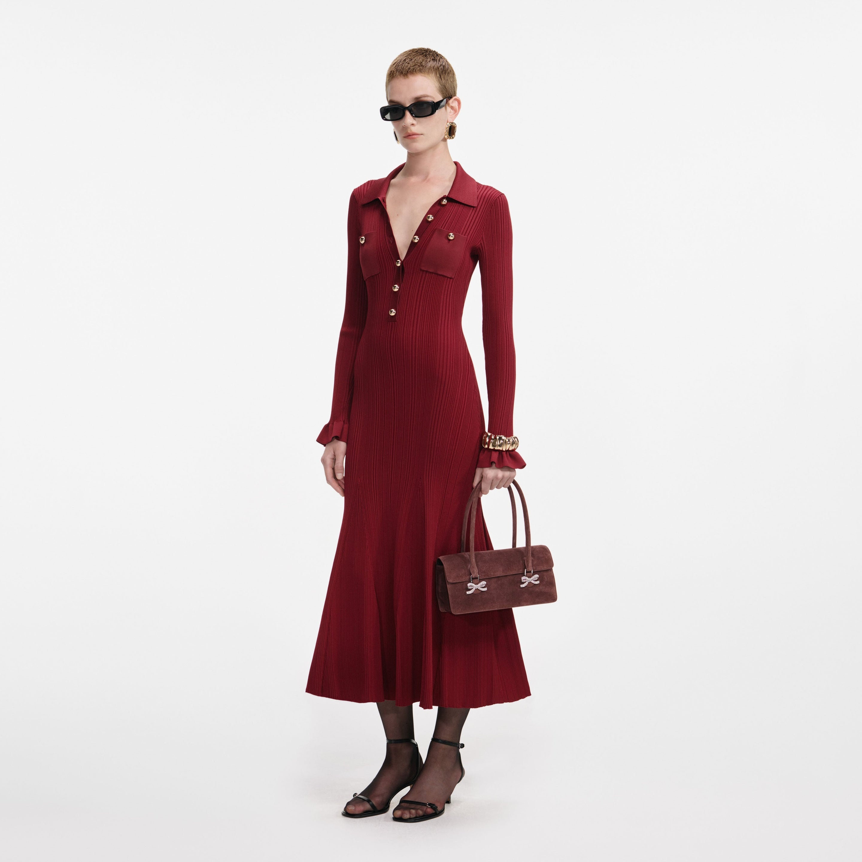 Burgundy Ribbed Knit Midi Dress - 2