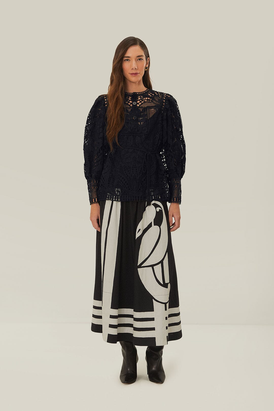 Black Guipire Puff Sleeve Blouse - 2