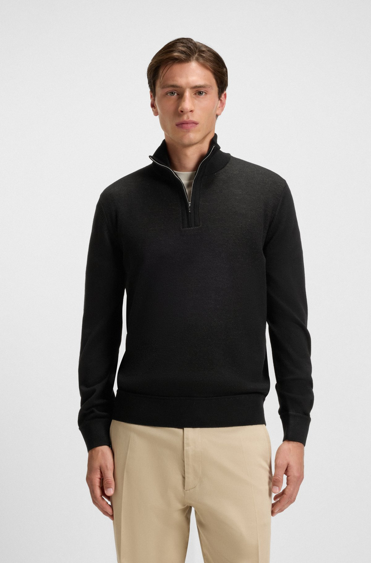 ZIP-NECK SWEATER WITH STRUCTURED WOOL-COTTON FRONT - 2