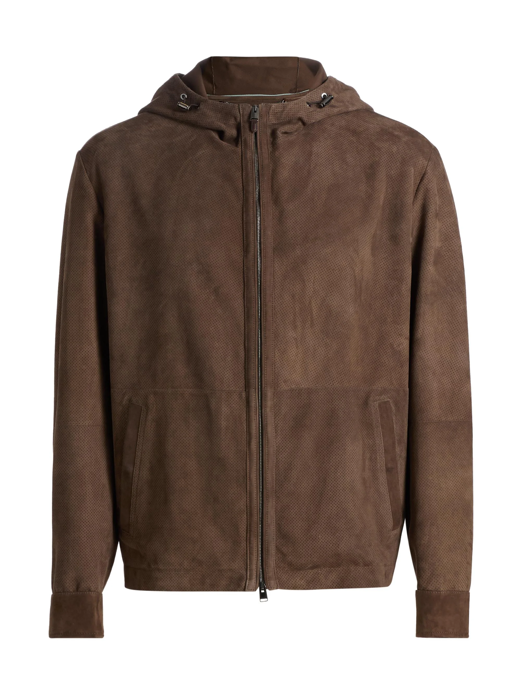 Men's Perforated Suede Hooded Jacket - Brown - 1