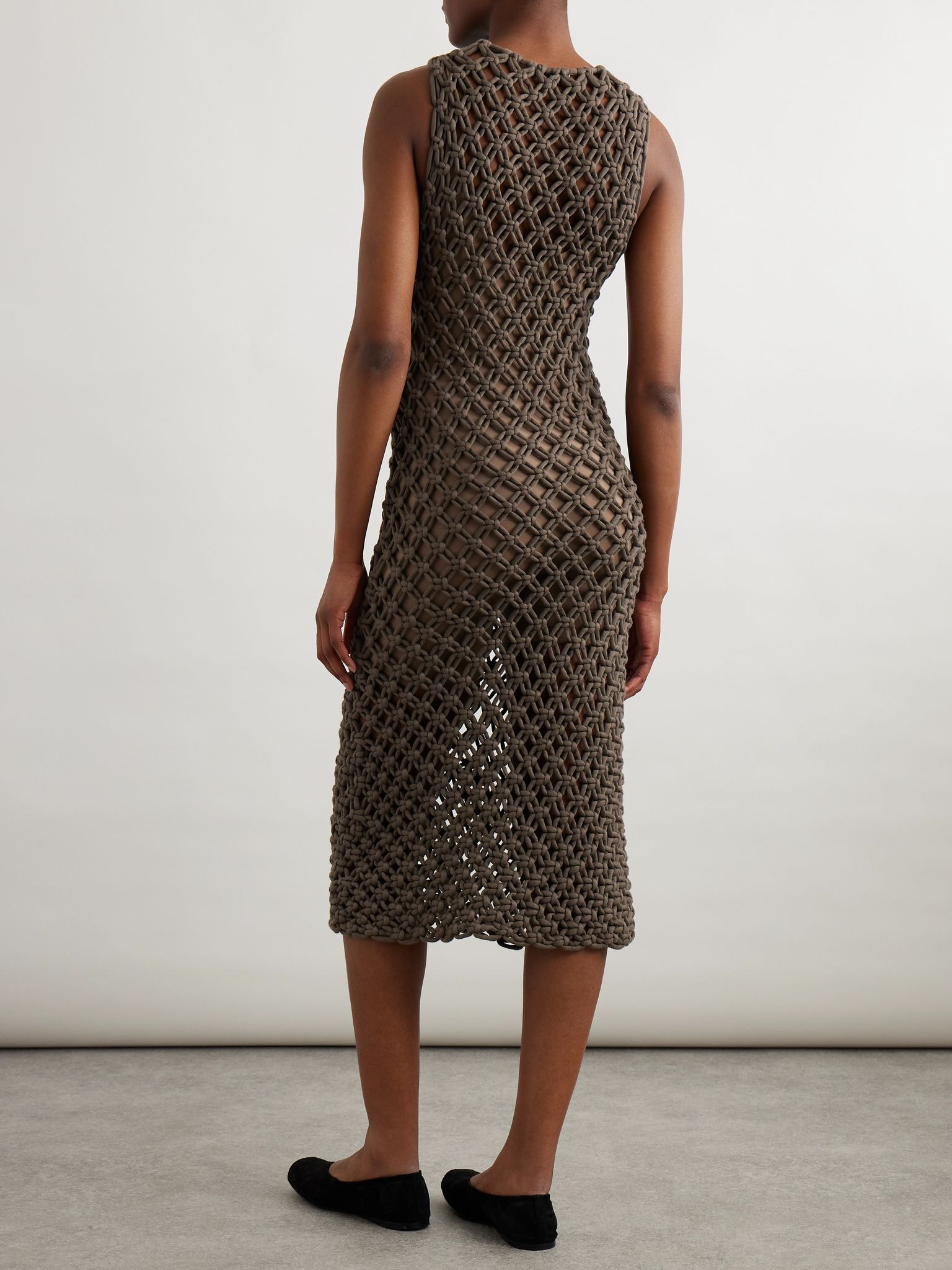 Macramé cotton-blend midi dress Brown - 3