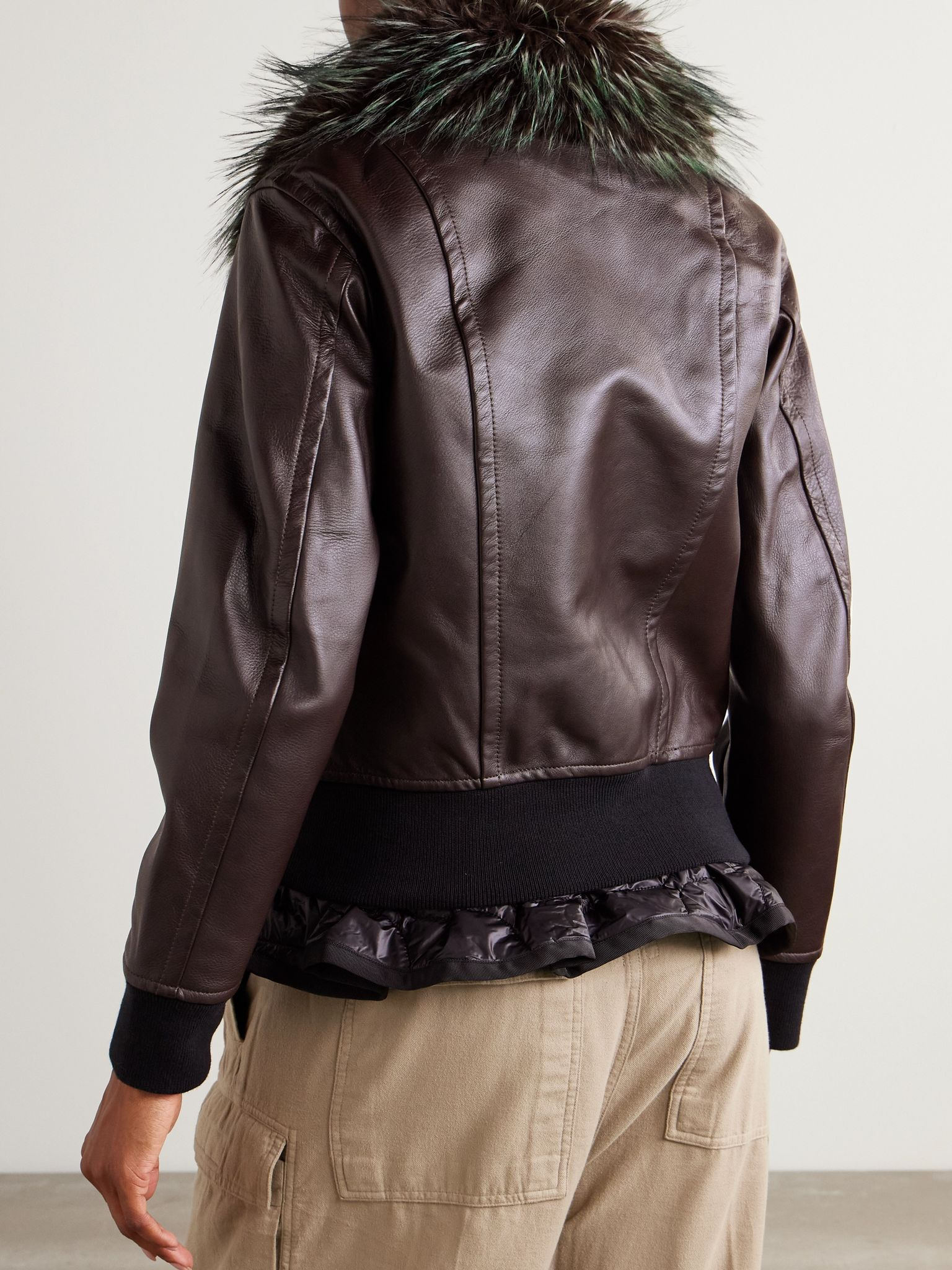 Convertible plush-trimmed padded leather jacket Brown - 4