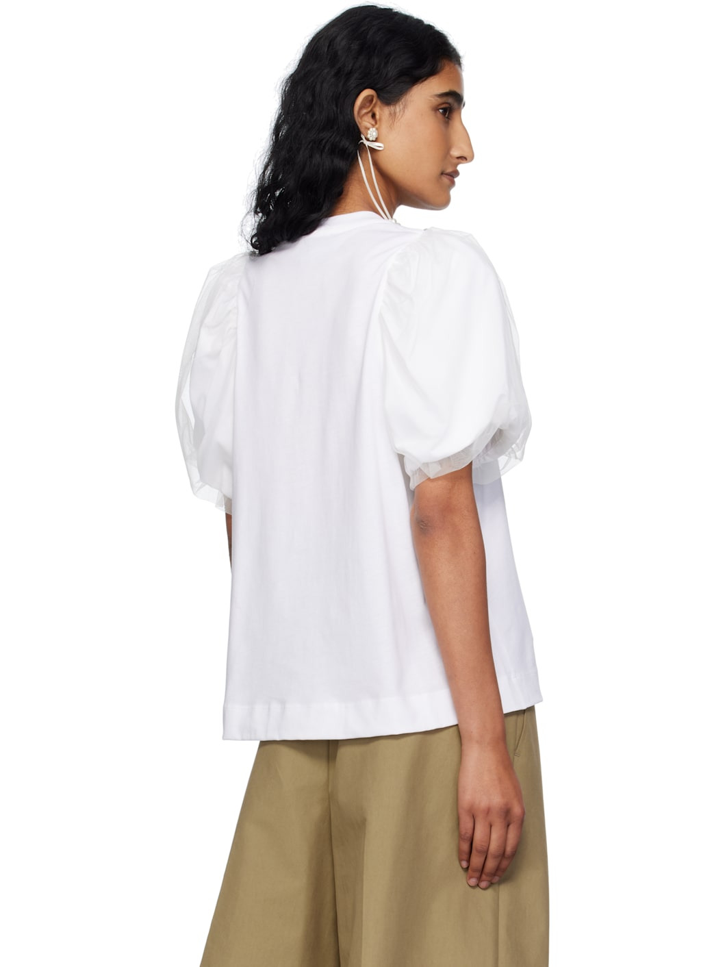 White Embellished Tulle Overlay Puff Sleeve T-shirt - 3