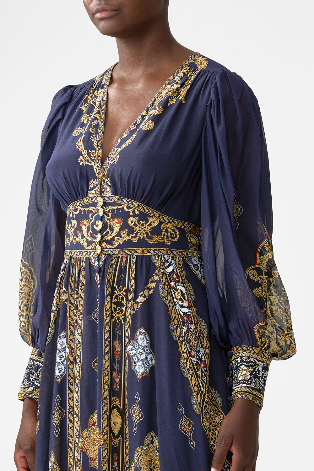 SHAPED WAISTBAND DRESS WITH GATHERED SLEEVES - 5