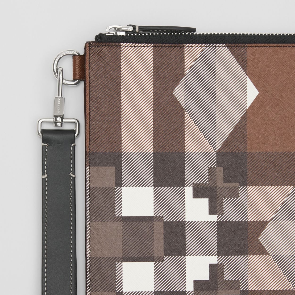 Large Geometric Check and Leather Zip Pouch - 2